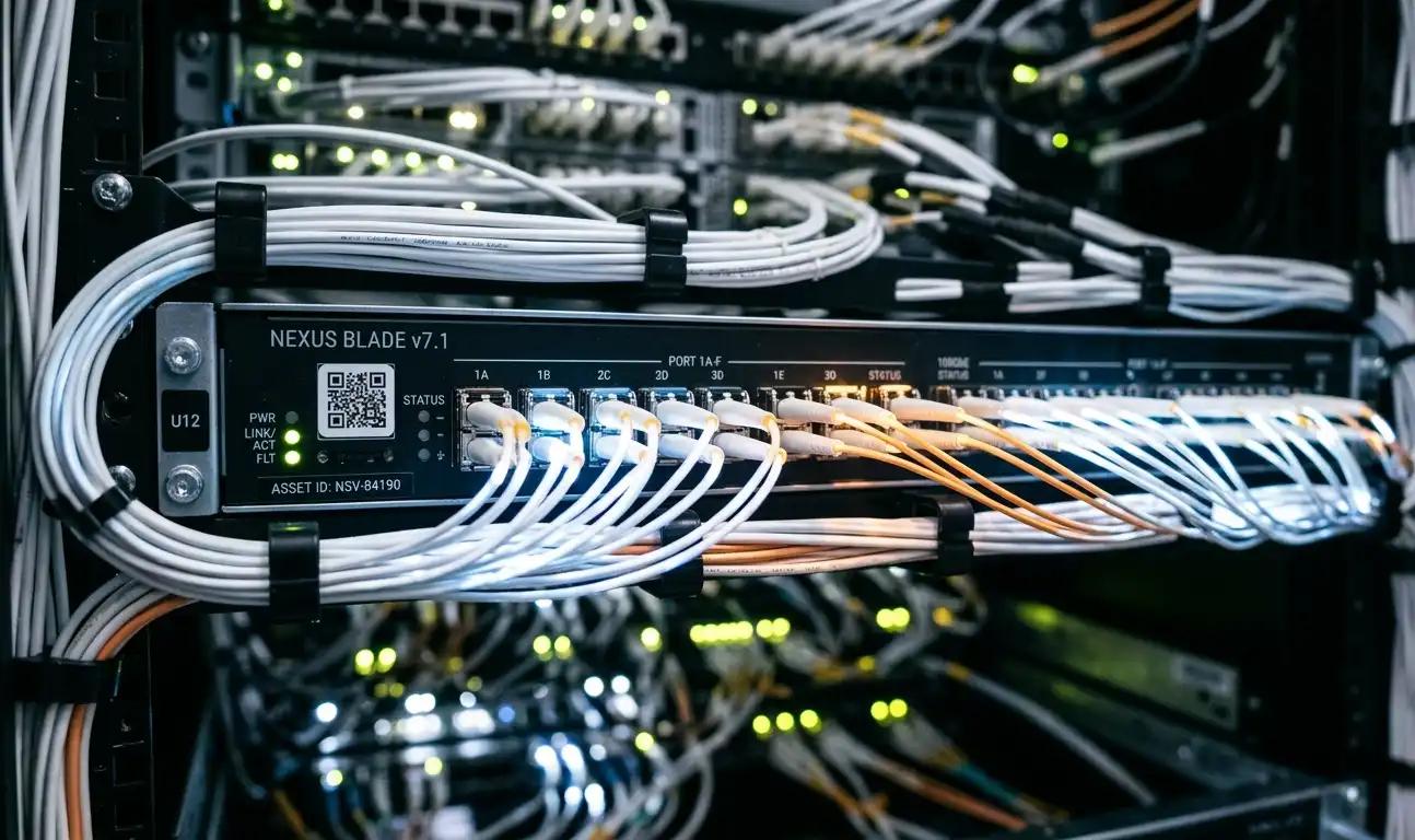 A close-up of glowing fiber optic cables in a modern server room, representing the network infrastructure powering autonomous AI agents