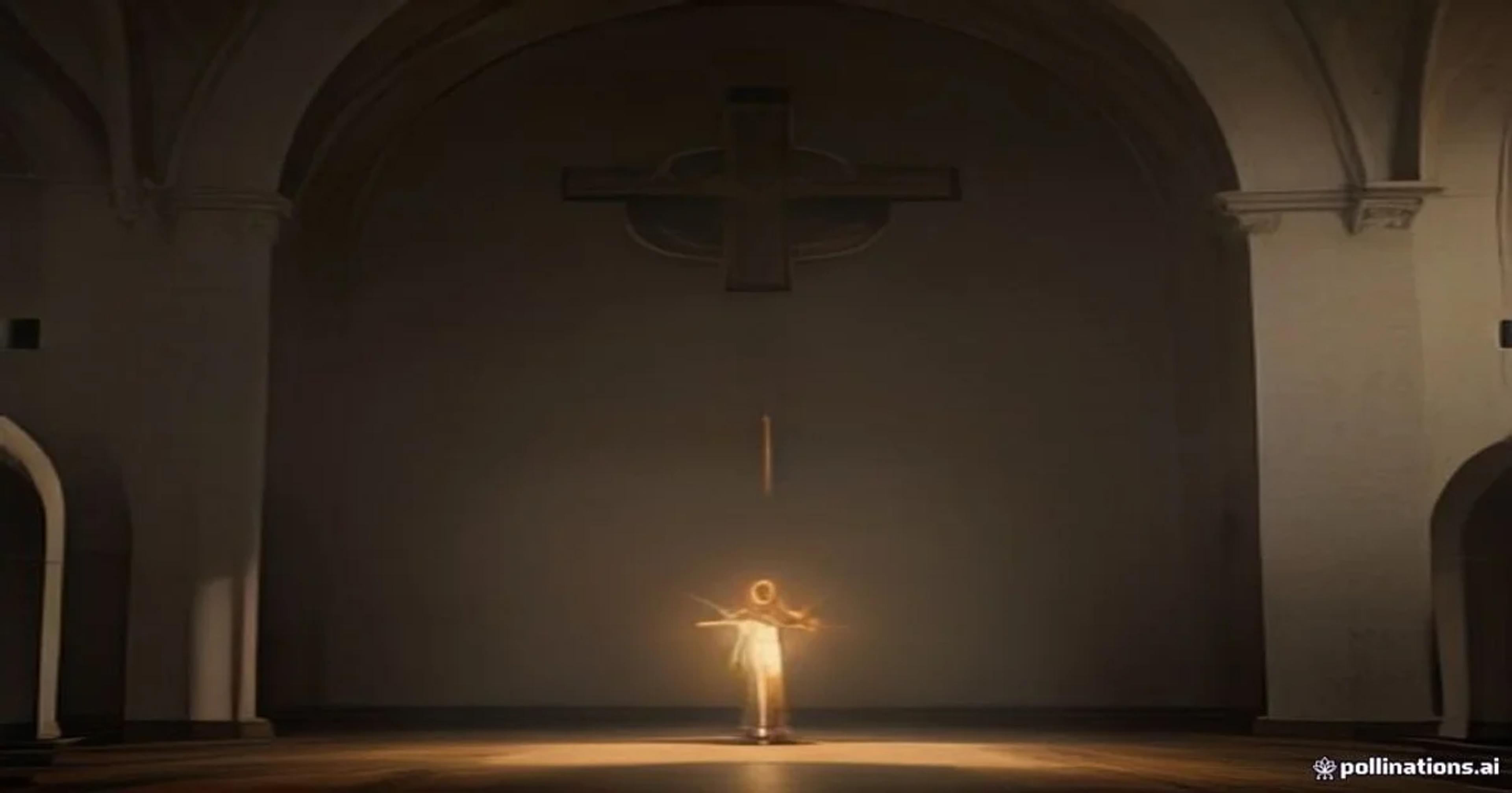 A futuristic depiction of an AI-assisted clerical interface in a serene church setting.