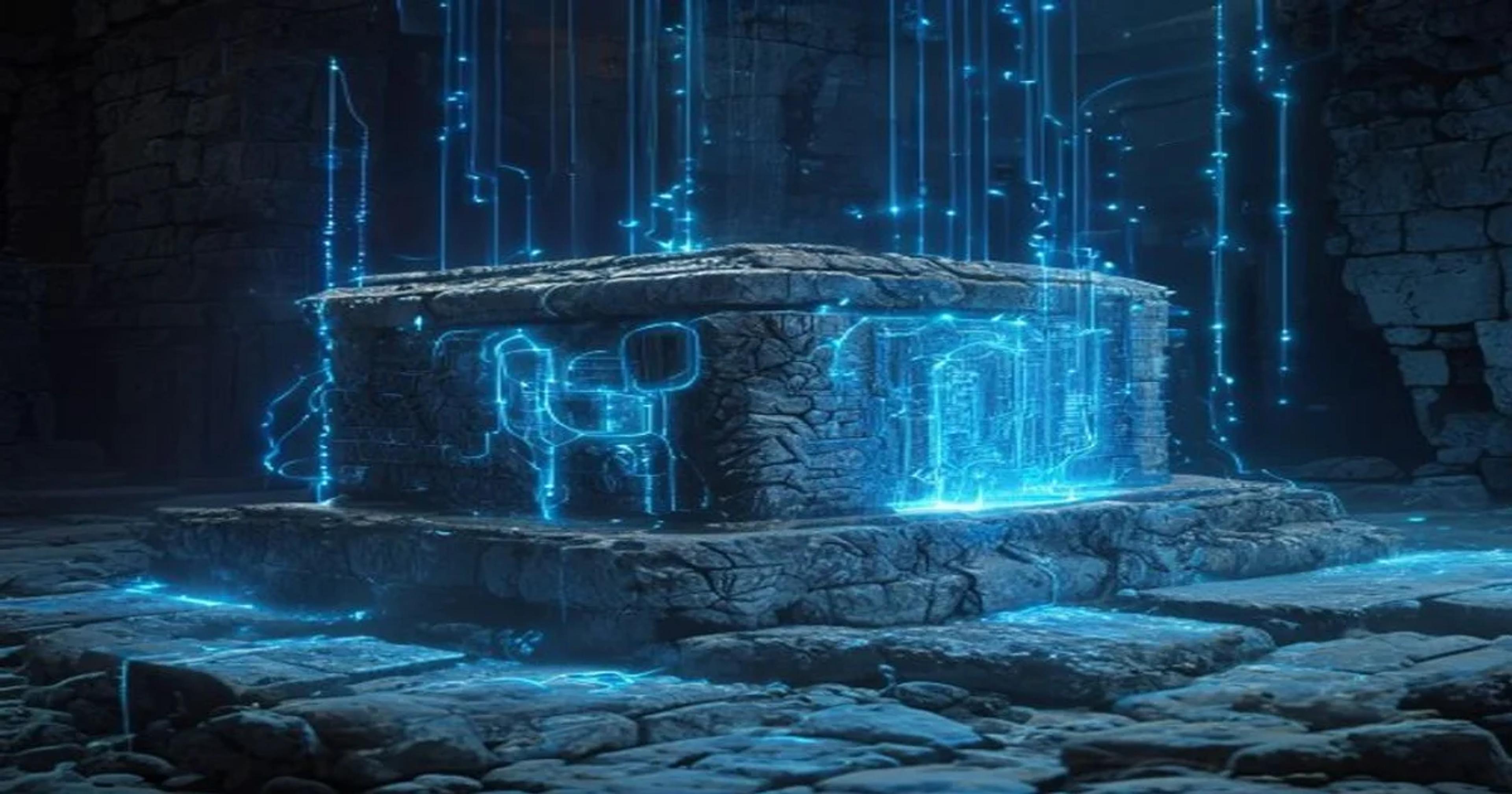 A conceptual blend of ancient spiritual symbols and modern digital circuit boards representing AI ethics.