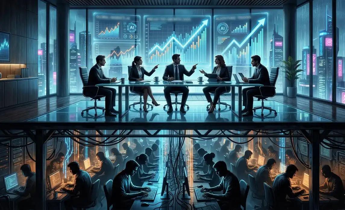 A symbolic artwork illustrating the disparity of the AI economy, showing executives in a sleek boardroom above, while a massive, unseen workforce labors in the shadows below to fuel the artificial intelligence systems.
