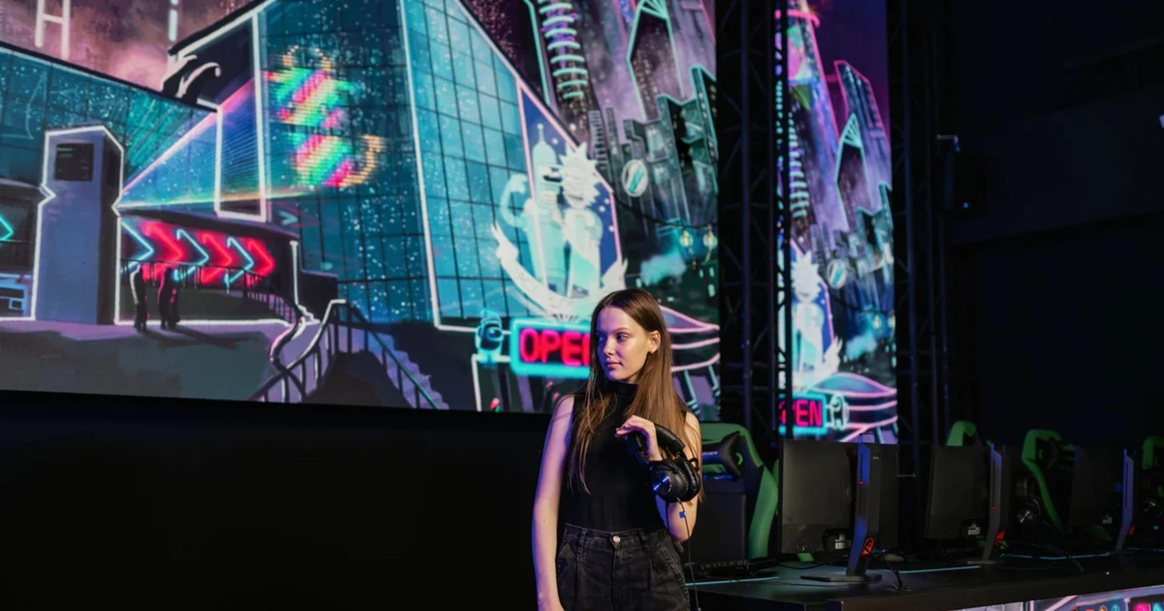 High-tech holographic AI coaching interface visualizing professional e-sports player performance metrics in a competitive gaming arena.