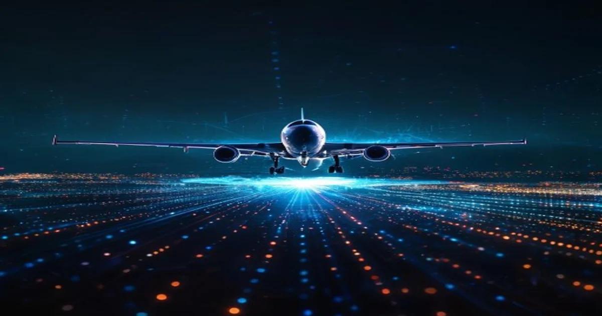 A conceptual visualization of an airplane flight path trajectory being optimized by artificial intelligence software.