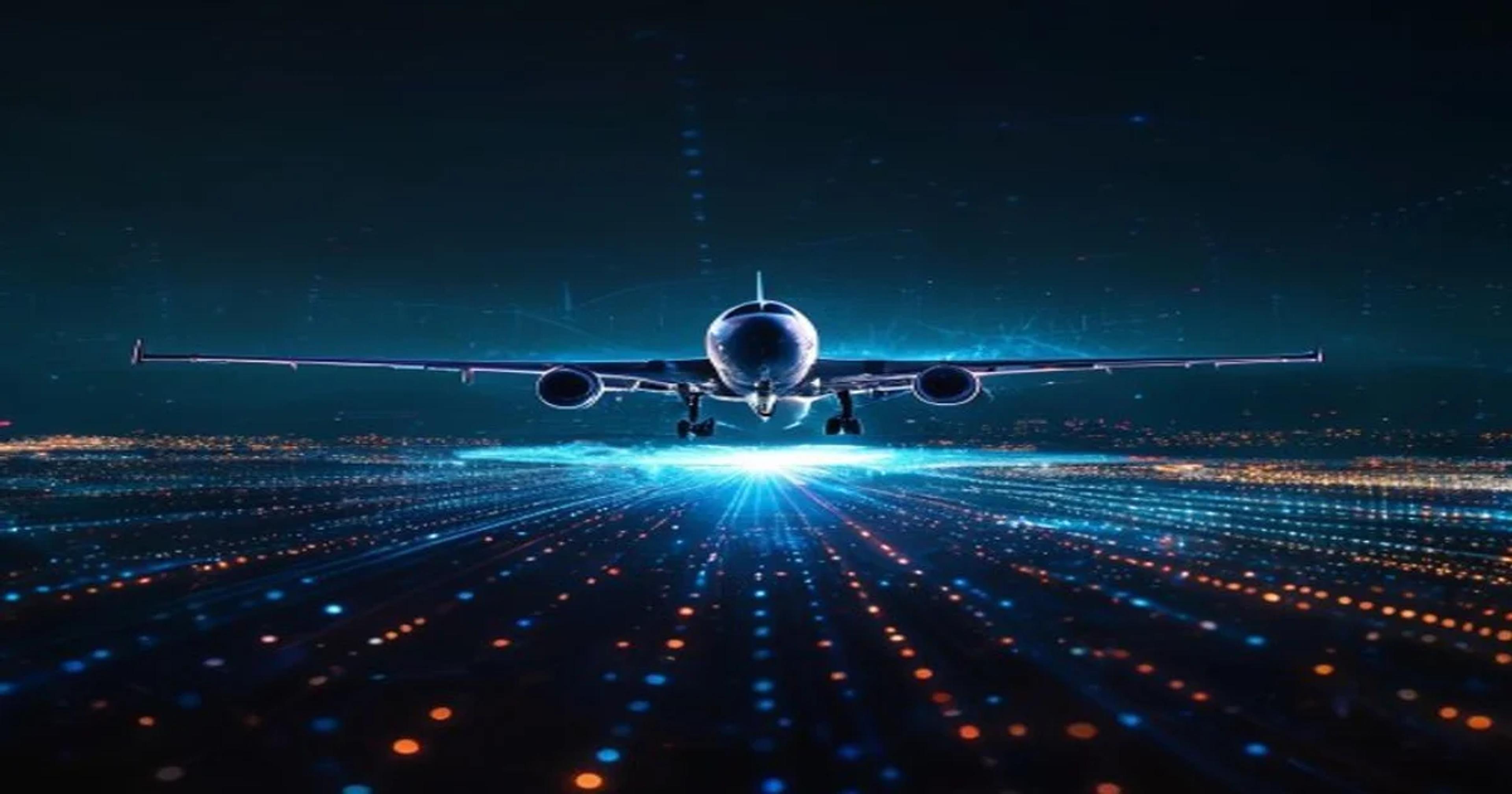 A conceptual visualization of an airplane flight path trajectory being optimized by artificial intelligence software.