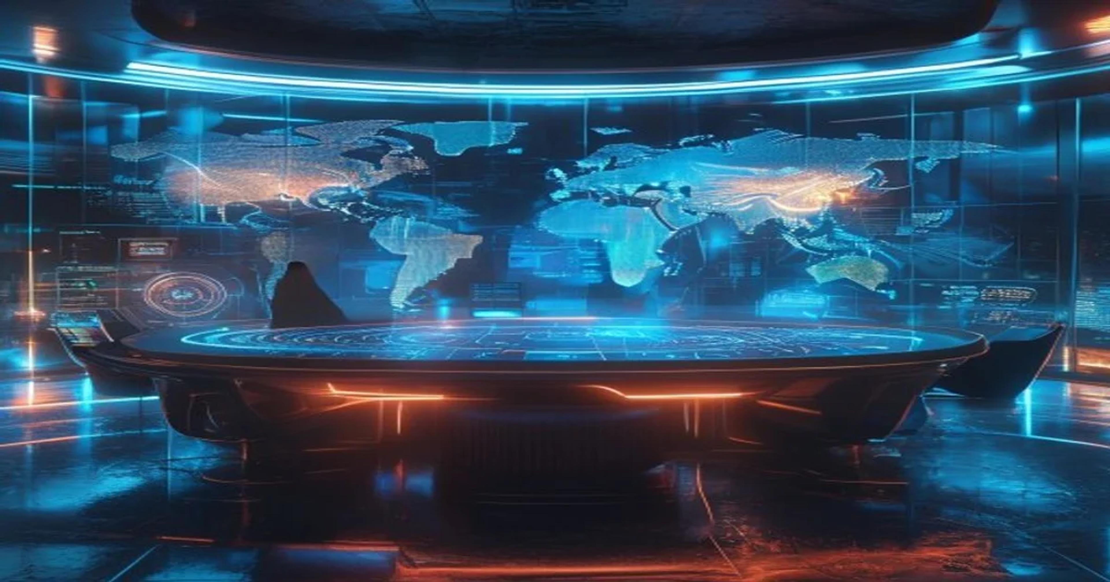 A futuristic diplomatic conference room featuring holographic data visualizations of global geopolitical networks.