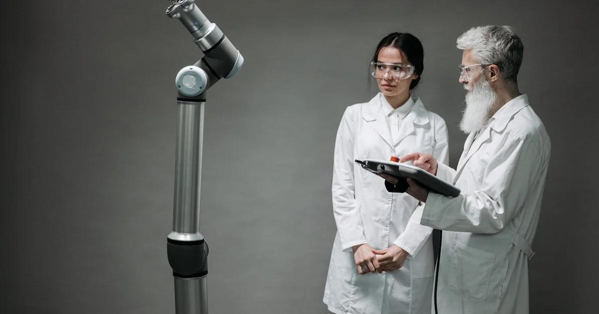 A sophisticated robotic arm performing a diagnostic scan on a firearm component within a futuristic laboratory setting.