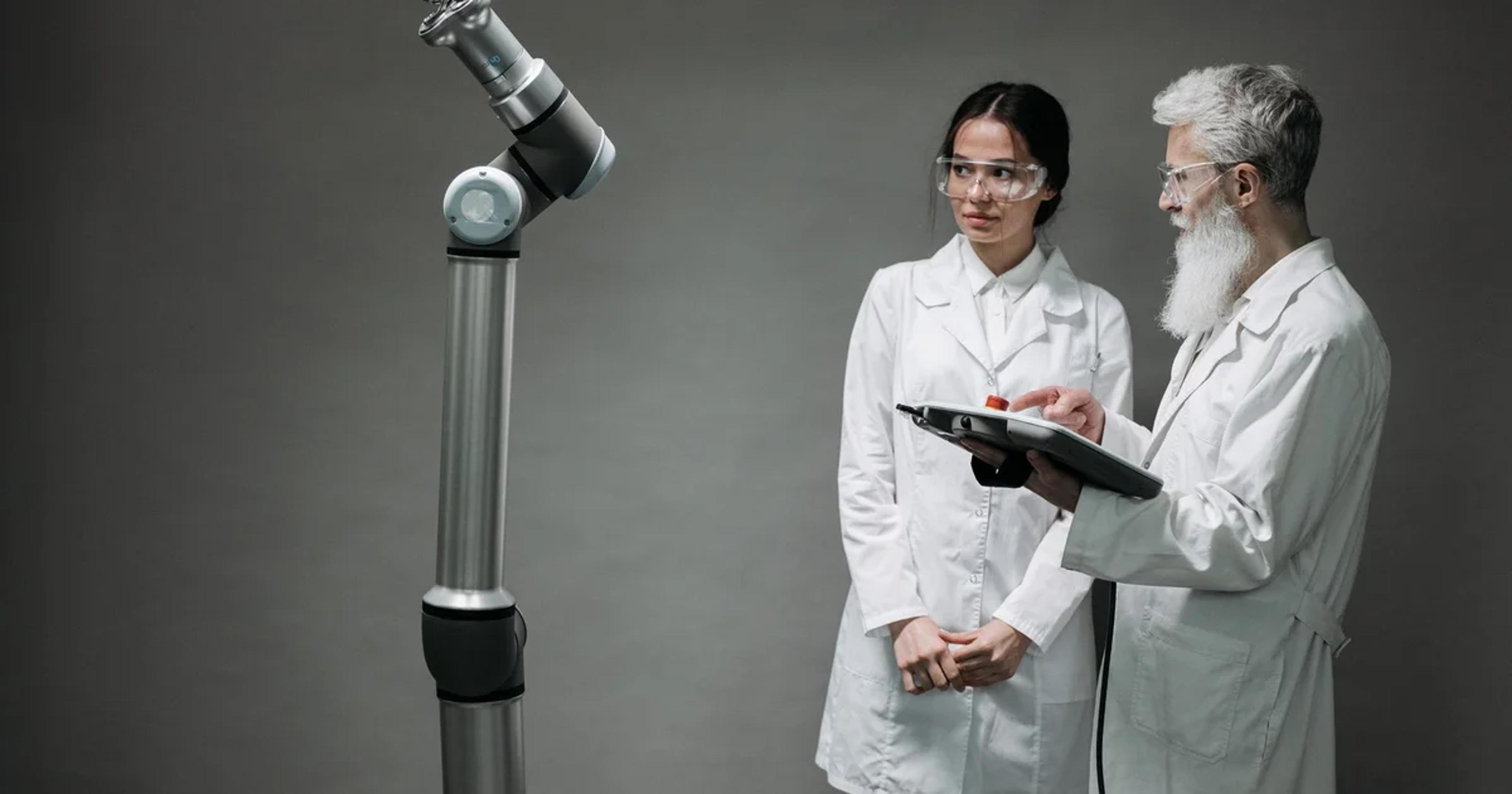 A sophisticated robotic arm performing a diagnostic scan on a firearm component within a futuristic laboratory setting.