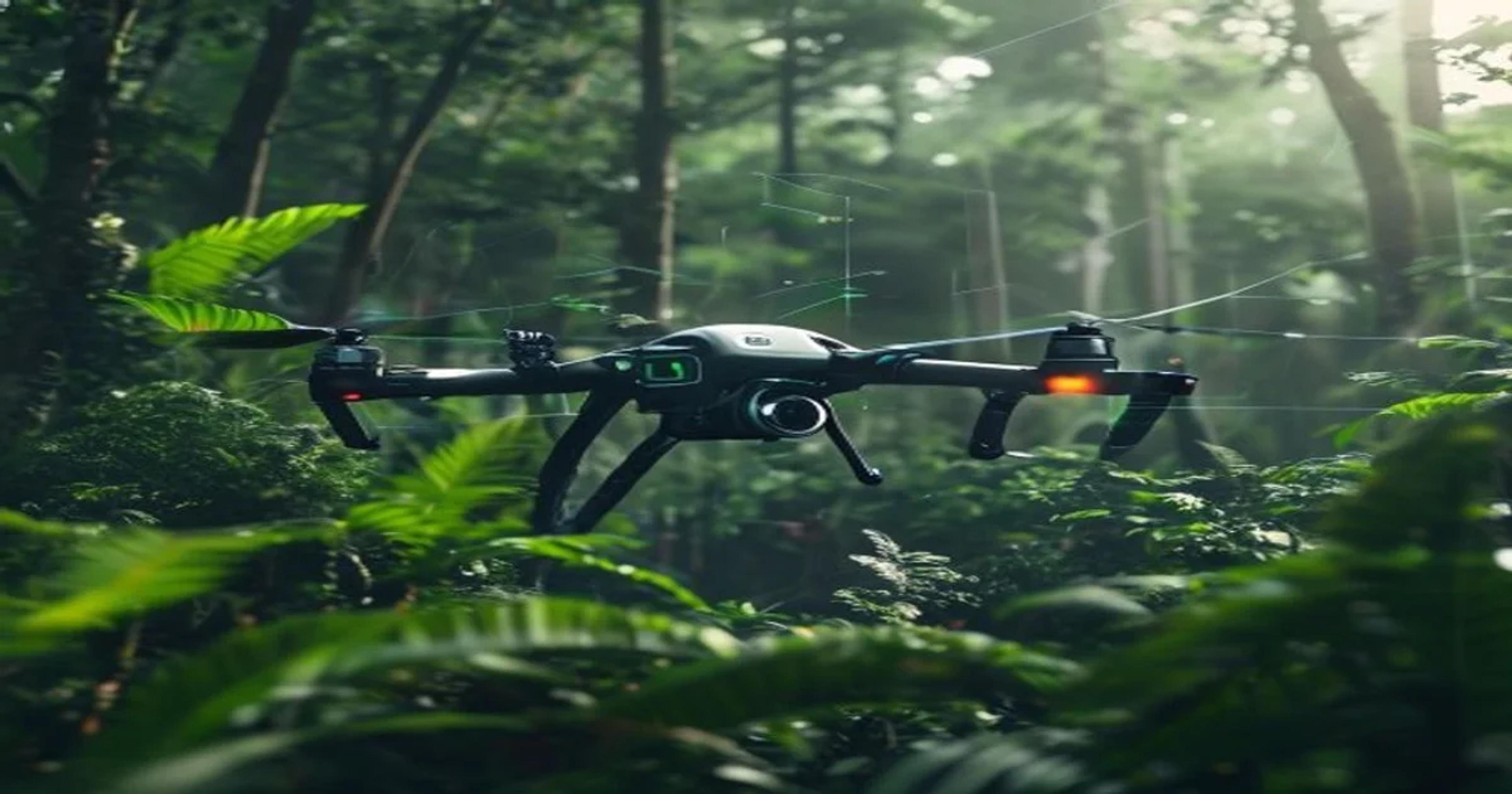 An advanced drone equipped with AI sensors scanning a wildlife habitat for disease patterns.