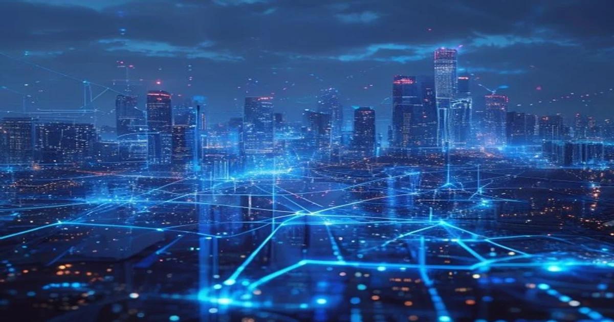 A stylized visualization of AI-driven water distribution networks in a futuristic city.