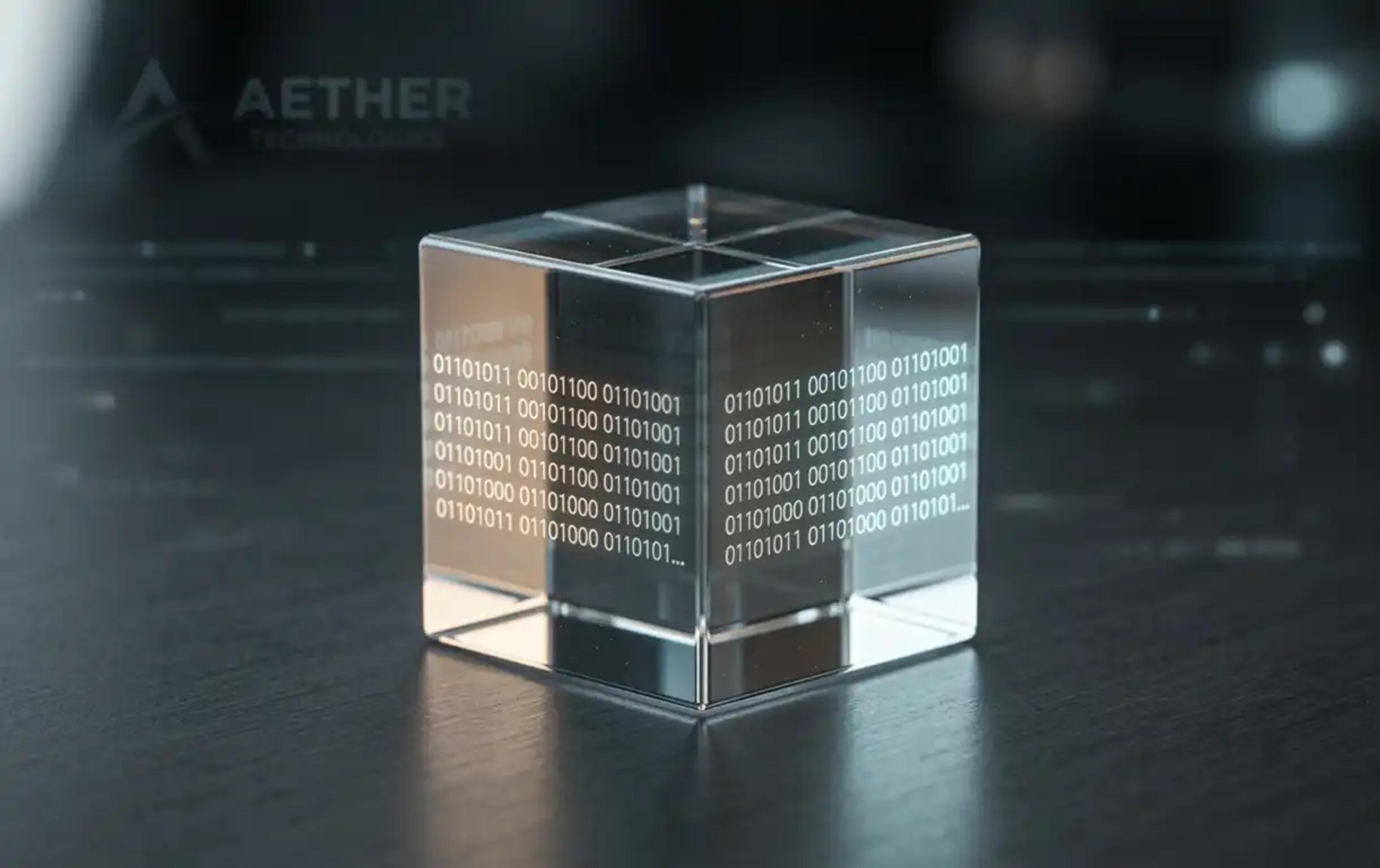An abstract glass cube reflecting data patterns, symbolizing the creation of pure synthetic data for artificial intelligence