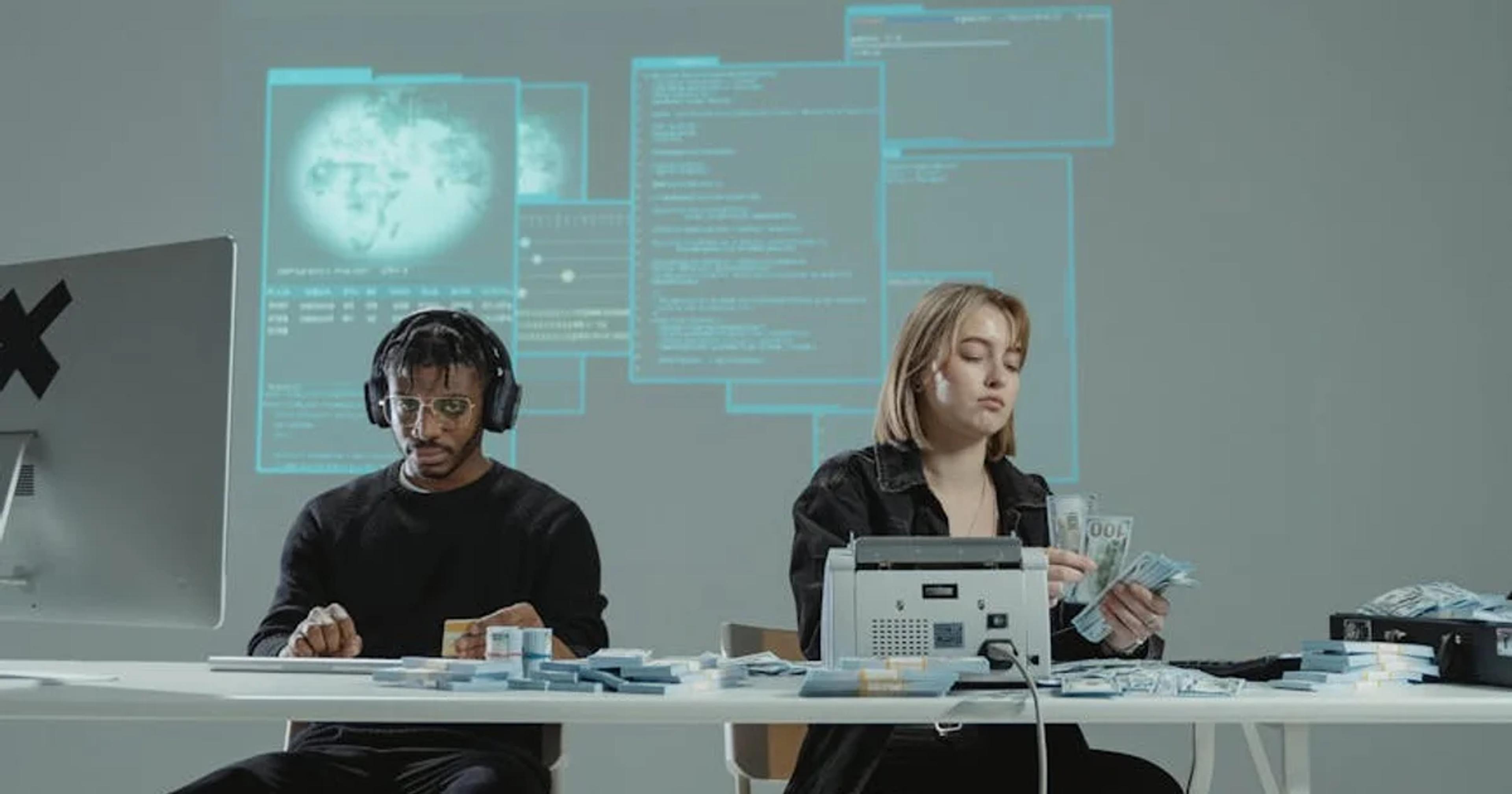 Professionals interacting with AI, showing human-AI collaboration in a modern office.