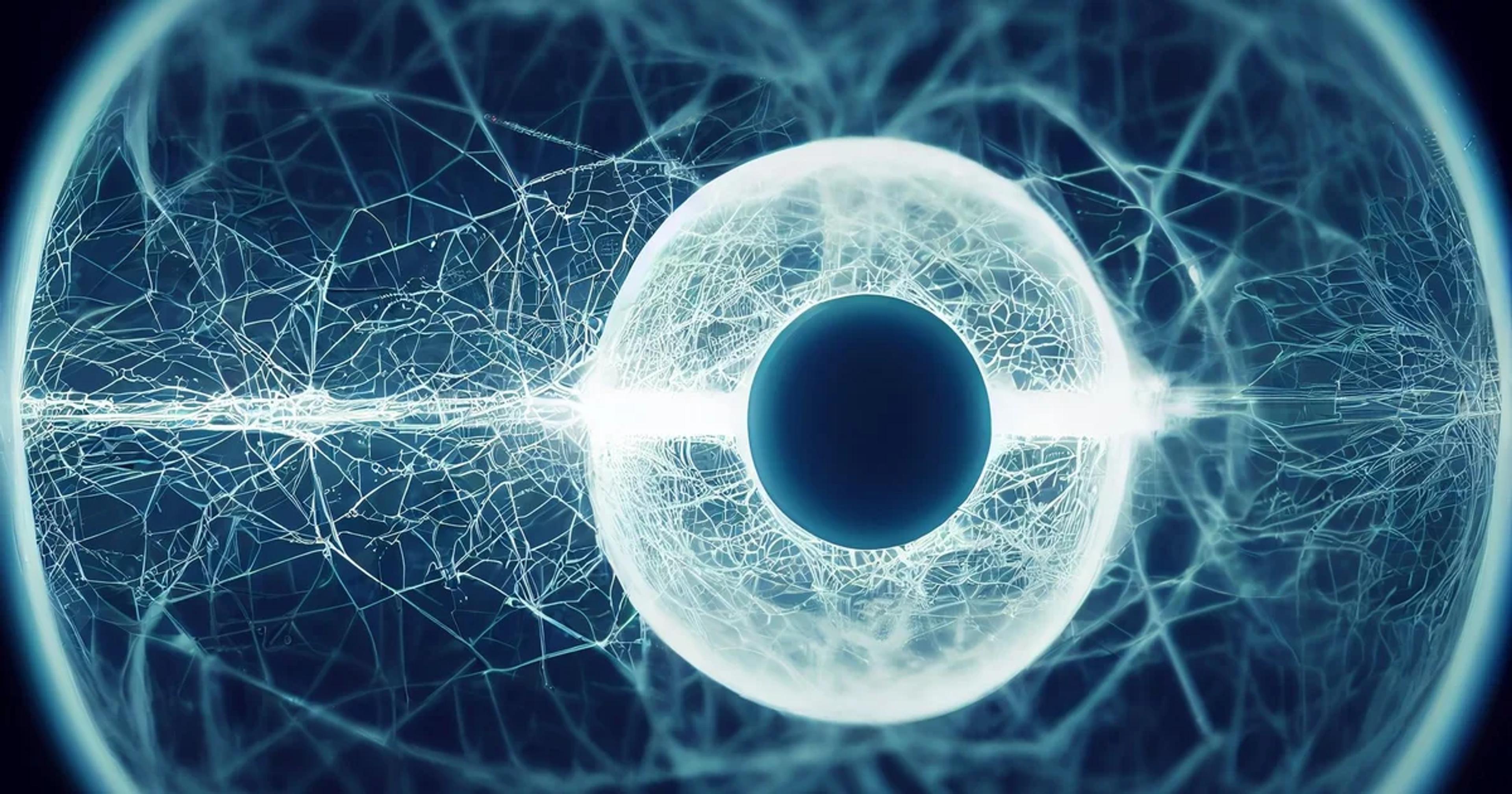 A human composer collaborating with a digital neural network visualization to create complex musical scores.