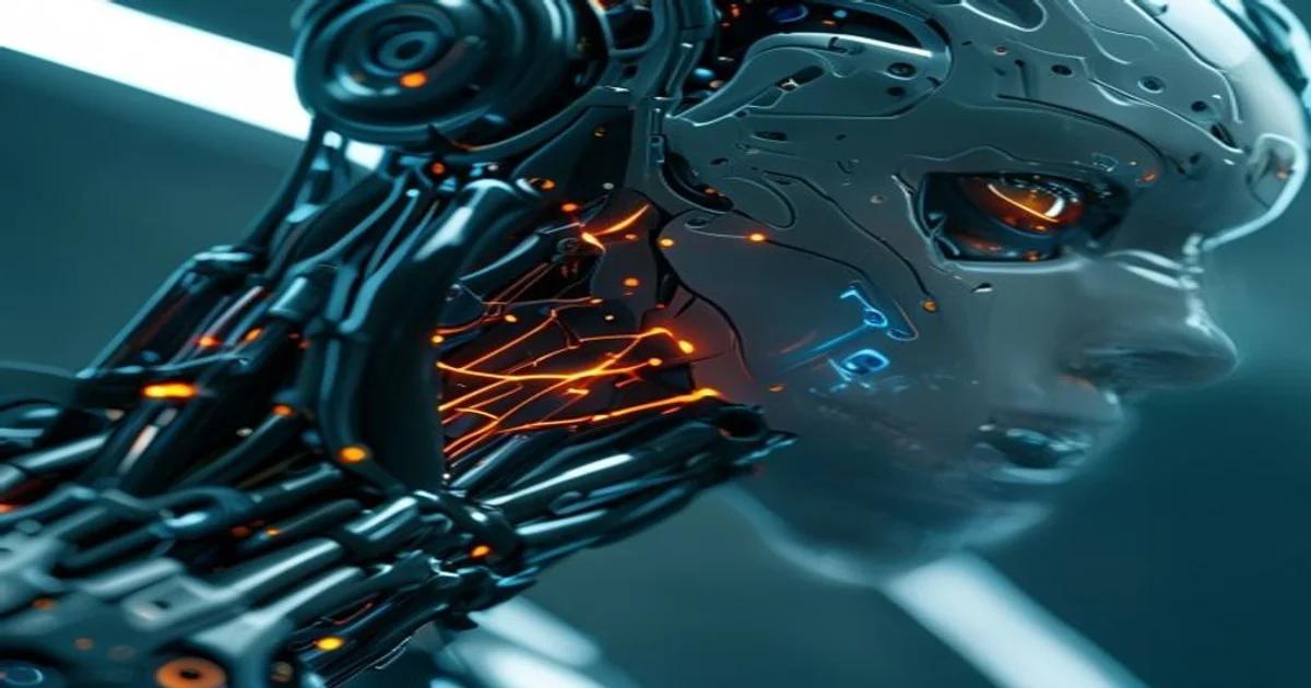 A futuristic prosthetic arm connected to a human arm with digital neural interface glowing.
