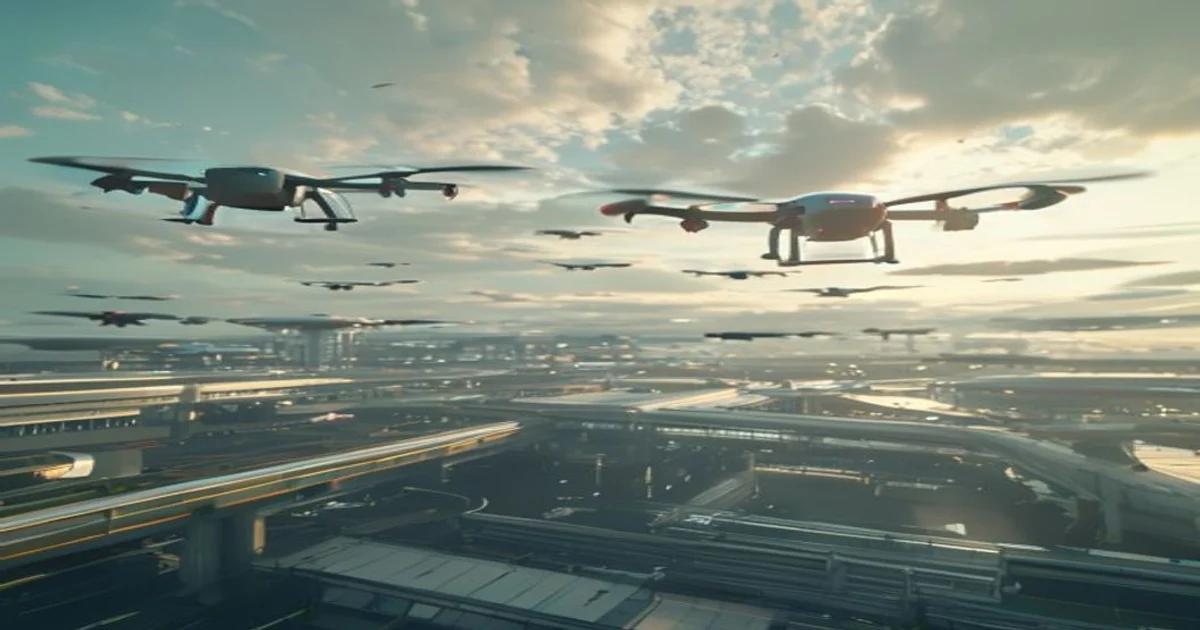 Autonomous cargo drones maneuvering within a smart aviation logistics center.