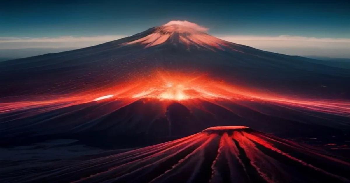 A glowing volcanic crater integrated with digital data points and predictive analytics graphics.