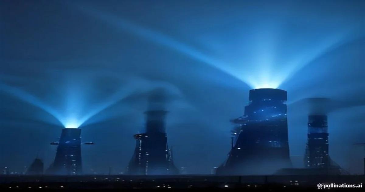 Futuristic carbon capture facility utilizing AI technology to extract CO2 from the atmosphere.