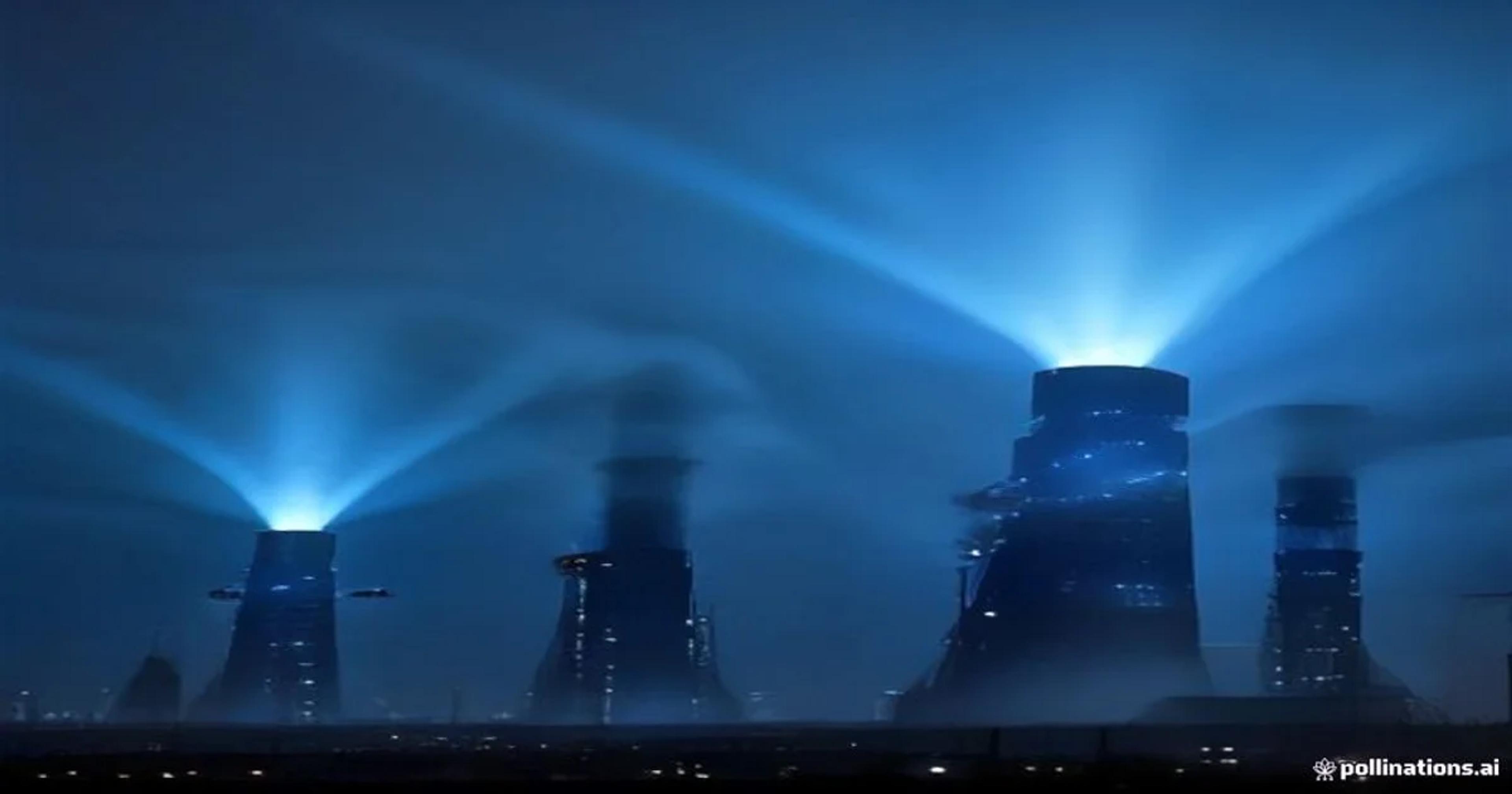 Futuristic carbon capture facility utilizing AI technology to extract CO2 from the atmosphere.
