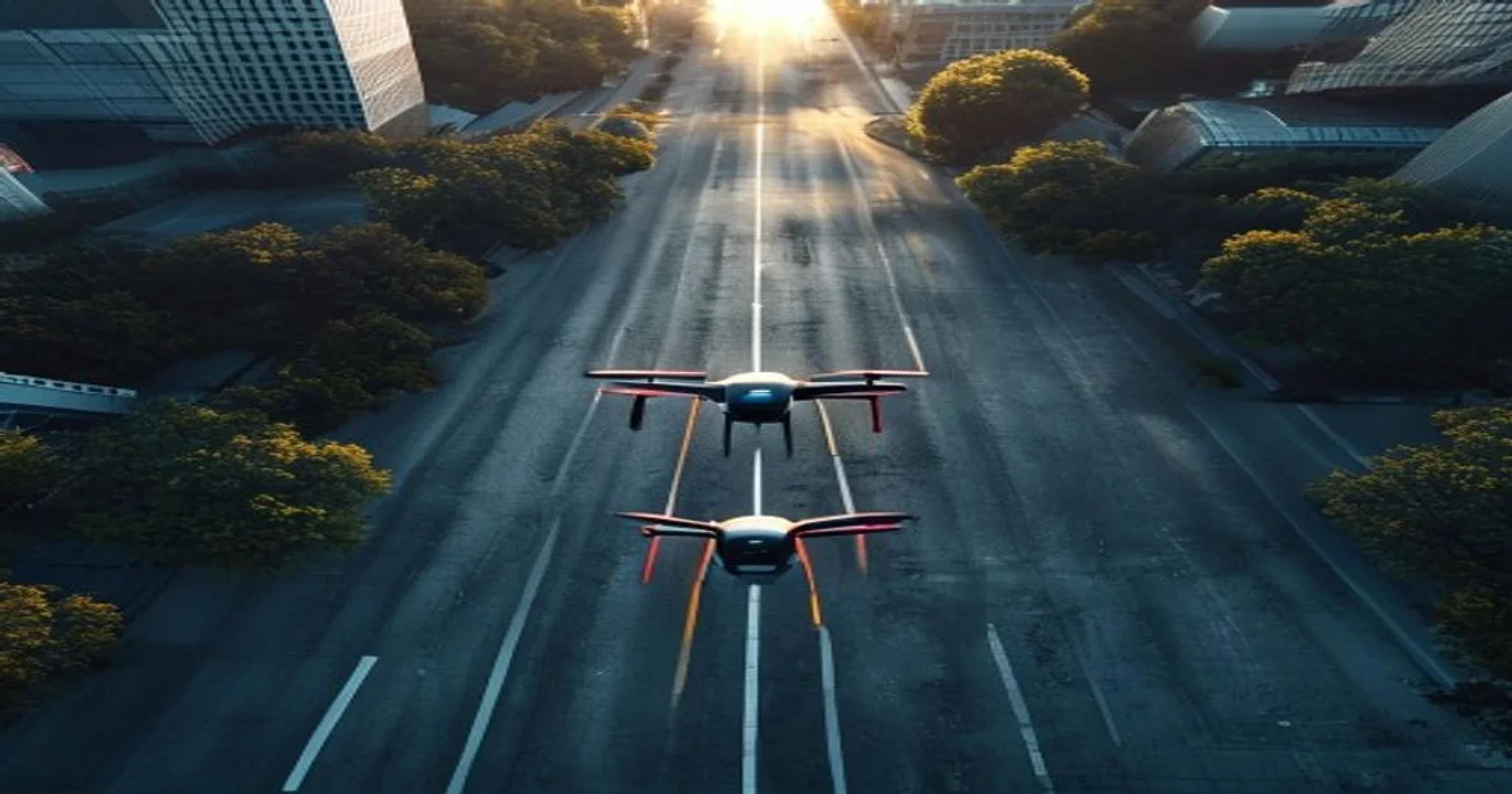 An autonomous drone scanning city streets to identify pothole damage for municipal repairs.