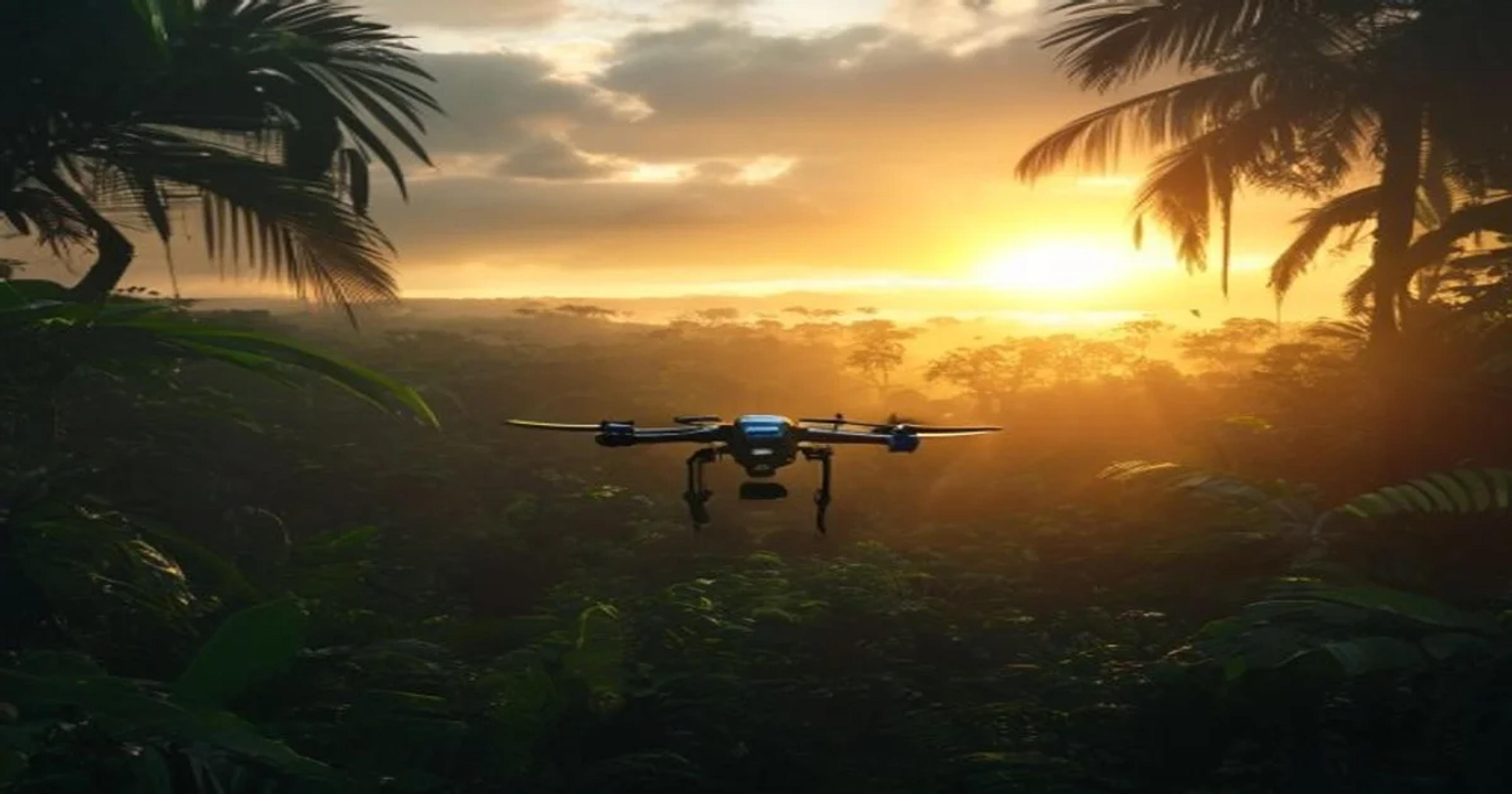 An autonomous drone scanning a biodiverse forest to monitor endangered wildlife populations for conservation research.