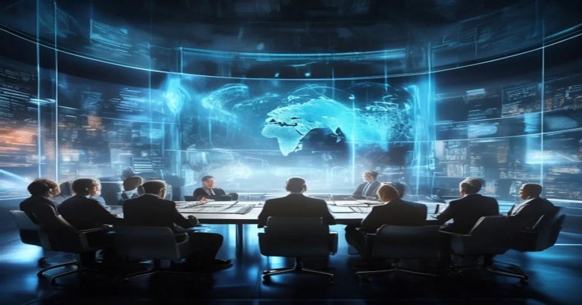 World leaders discuss AI taxation policies in a futuristic meeting room with holographic projections.
