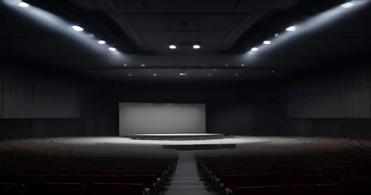 A high-tech concert hall interior utilizing adaptive AI-controlled panels for perfect sound diffusion.
