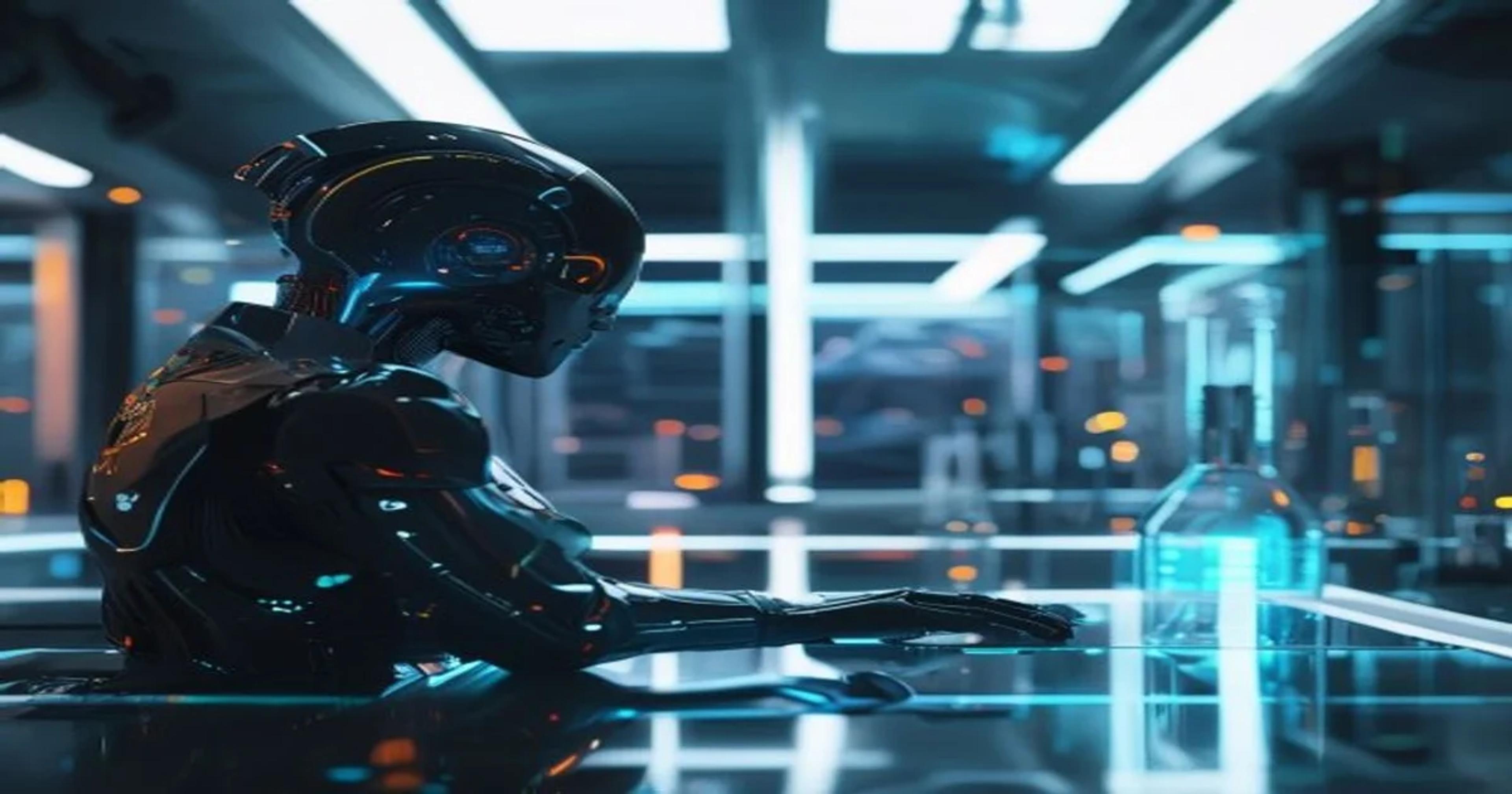 An AI in a futuristic lab observing screens displaying monotonous, repeating patterns, symbolizing algorithmic stagnation.