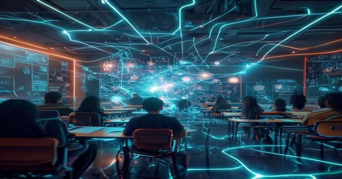 A conceptual representation of an AI-powered personalized learning platform with digital nodes connecting to students.