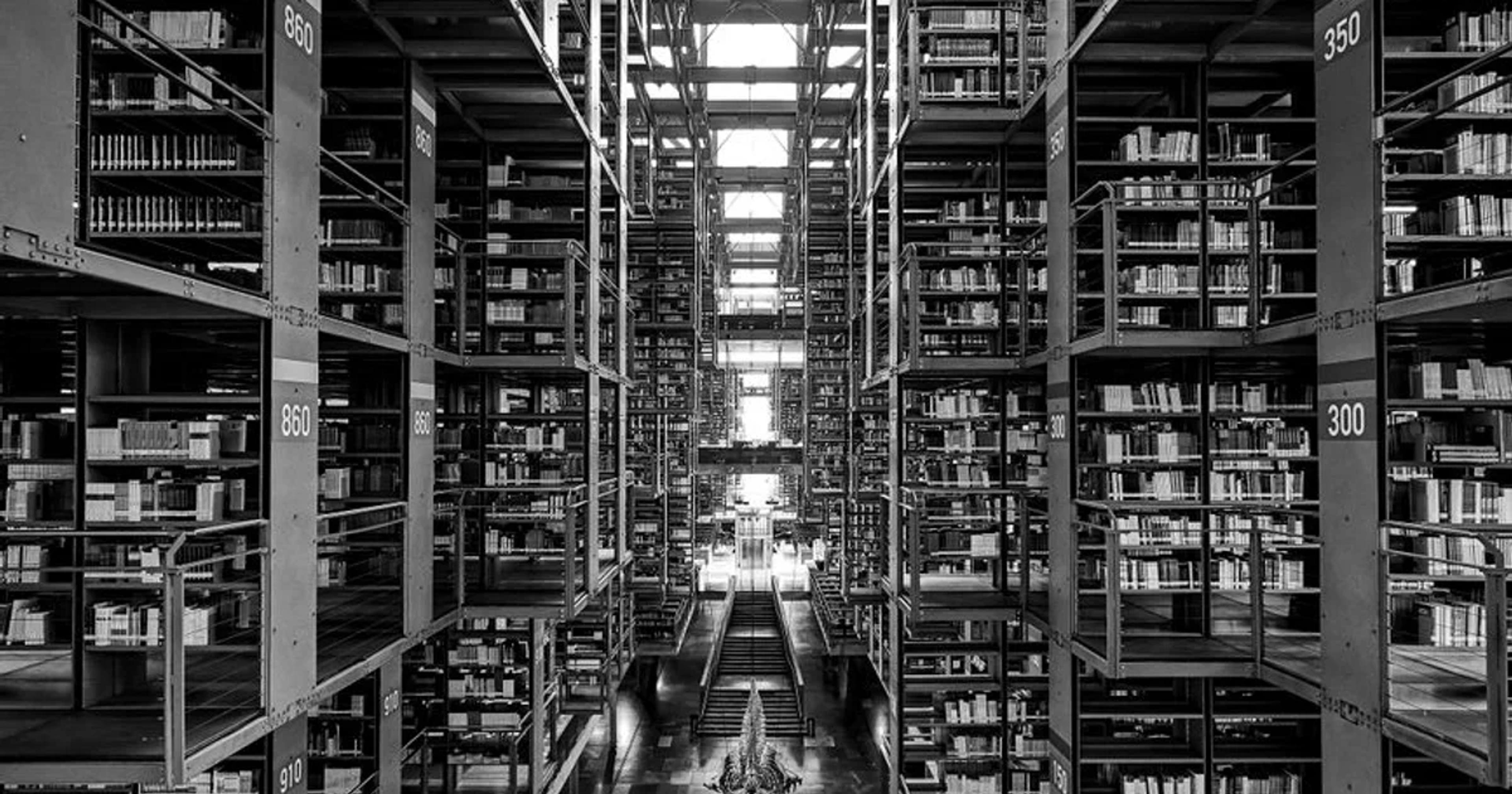 A modern public library interior featuring interactive holographic archives and digital AI interfaces for public use.