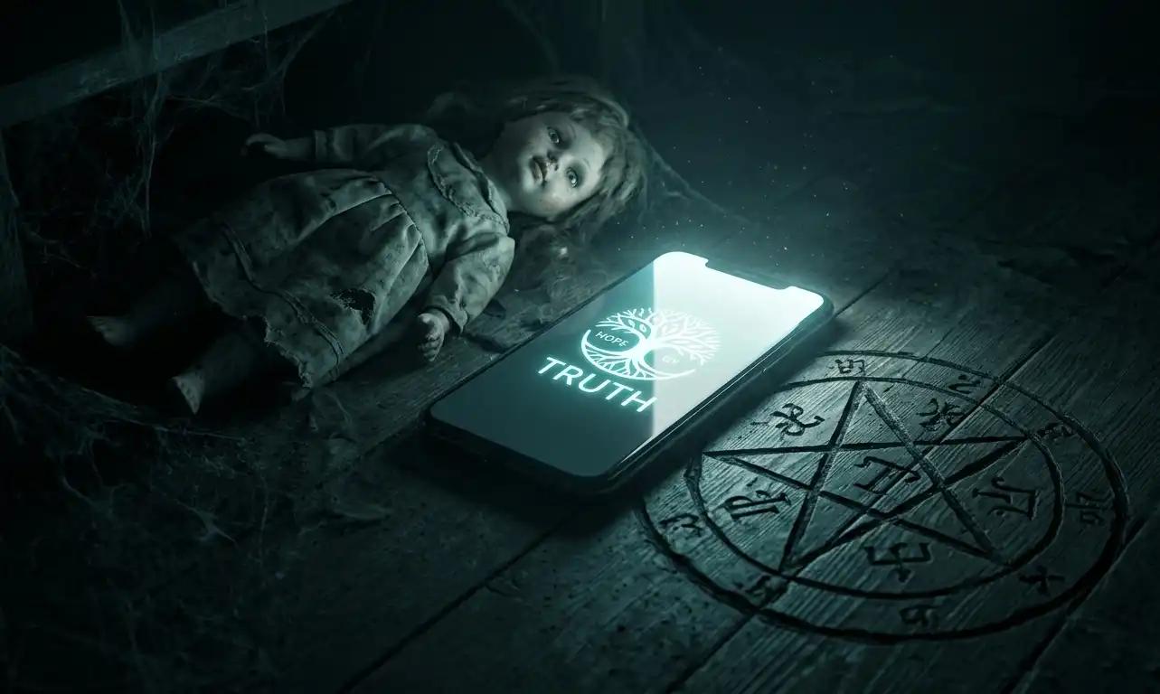 A conceptual image symbolizing AI unmasking hidden ritual abuse: a glowing digital screen illuminates a dark, shadowy room containing a child's doll and ritualistic floor carvings. The contrast between the bright technology and the dark background represents the path from silence to disclosure