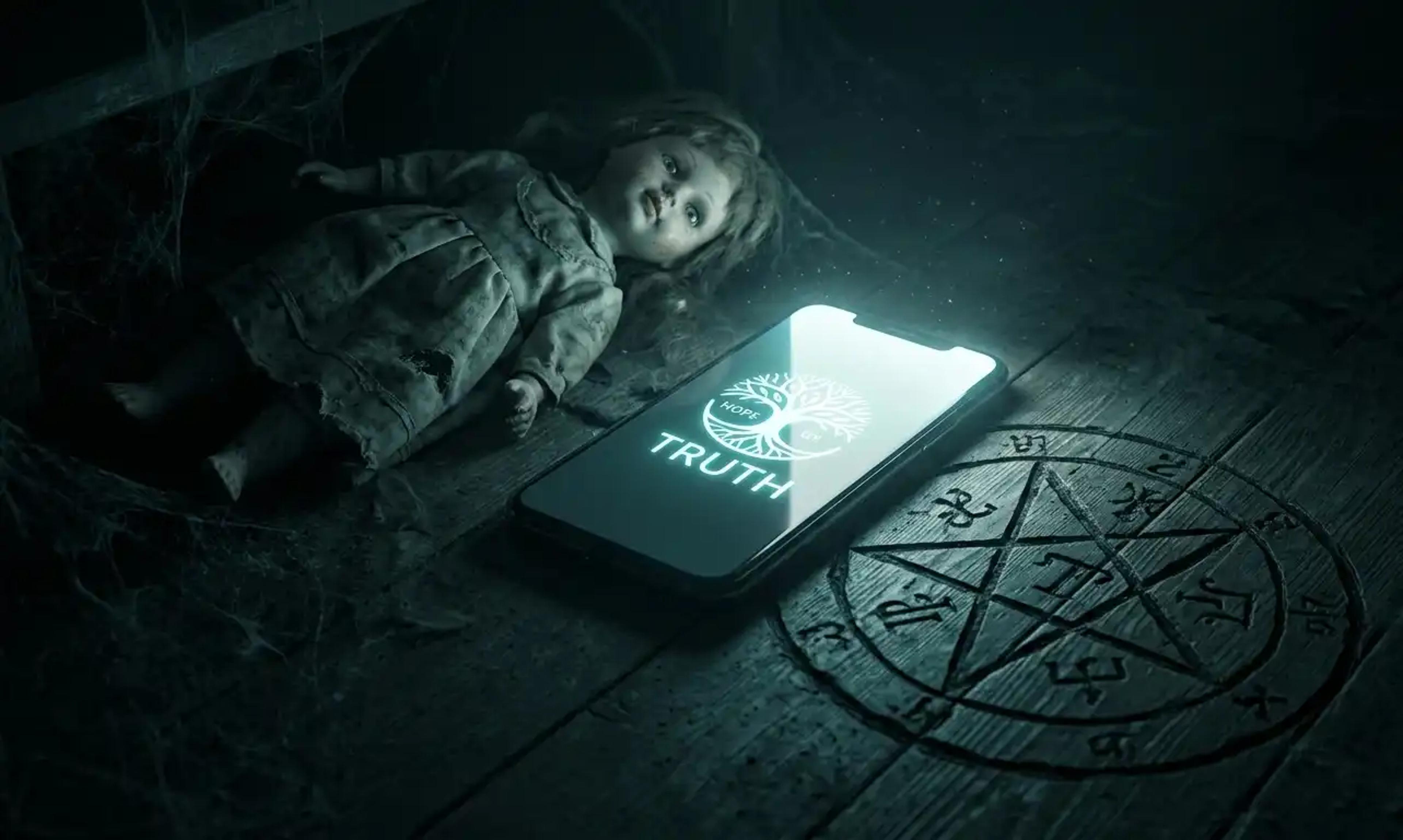 A conceptual image symbolizing AI unmasking hidden ritual abuse: a glowing digital screen illuminates a dark, shadowy room containing a child's doll and ritualistic floor carvings. The contrast between the bright technology and the dark background represents the path from silence to disclosure