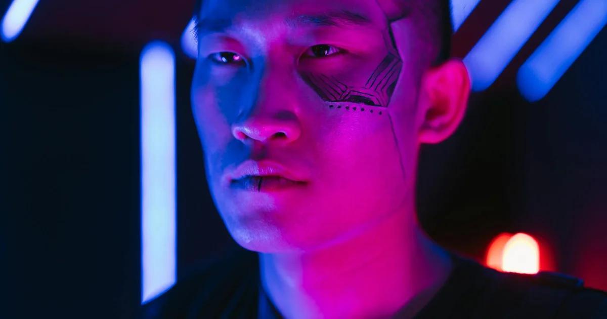 A neuroscientist in a dimly lit lab examining a holographic brain interface connected to advanced AI circuits.