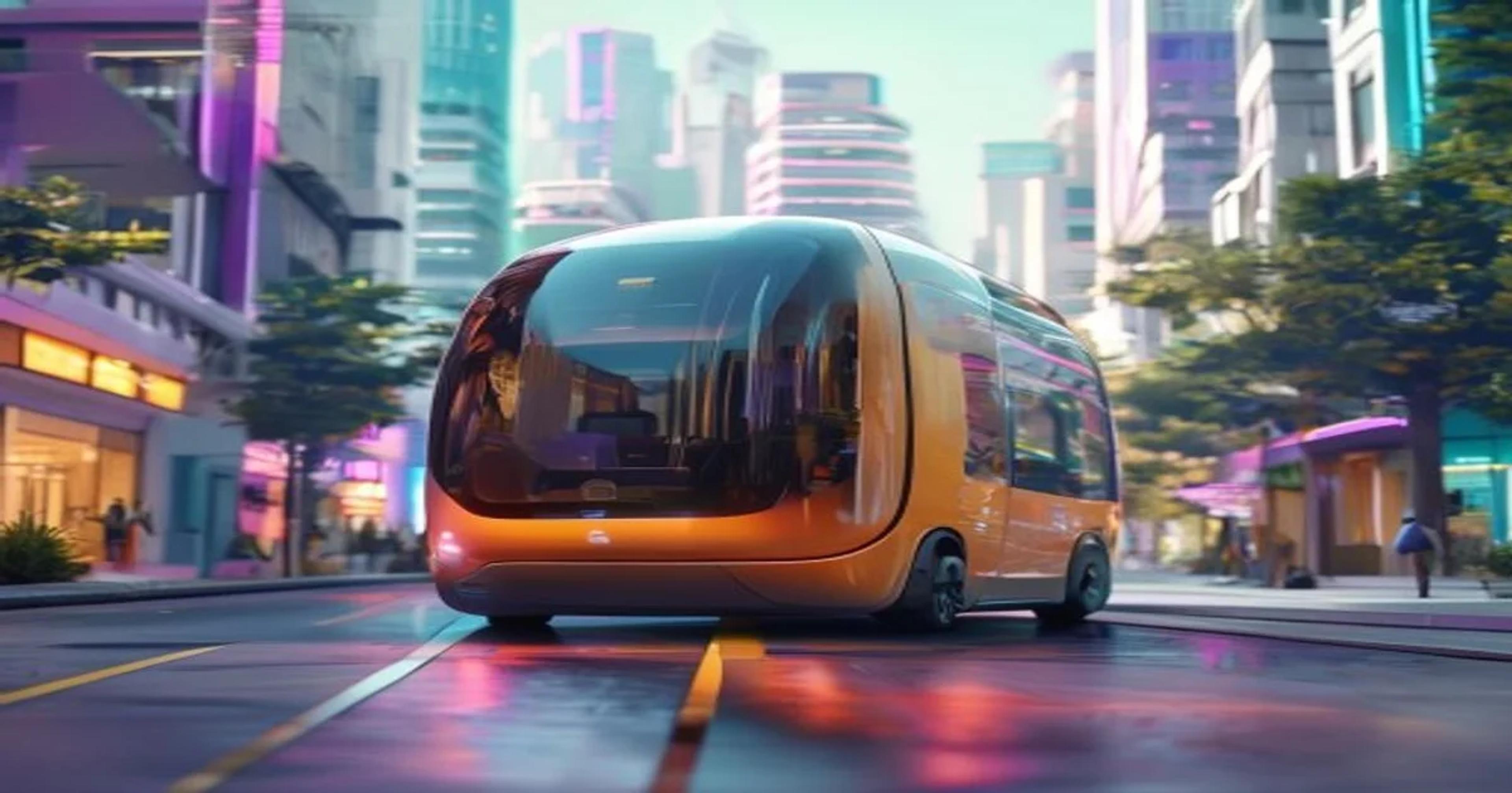 An AI-powered autonomous transit vehicle operating in a modern, accessible city environment with pedestrian-friendly urban design.