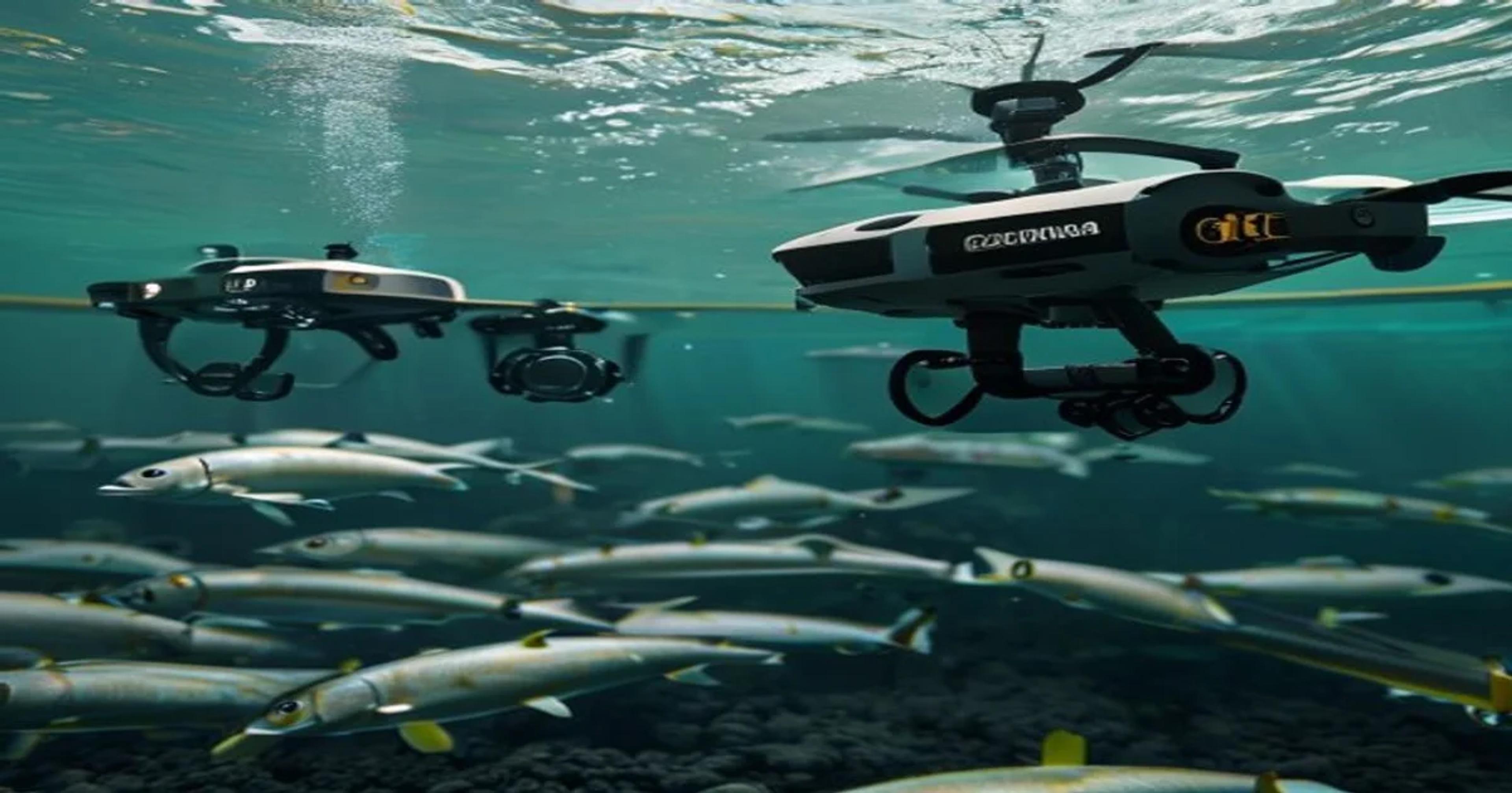 A futuristic automated aquaculture facility using robotic sensors to monitor fish health and water quality in real time.