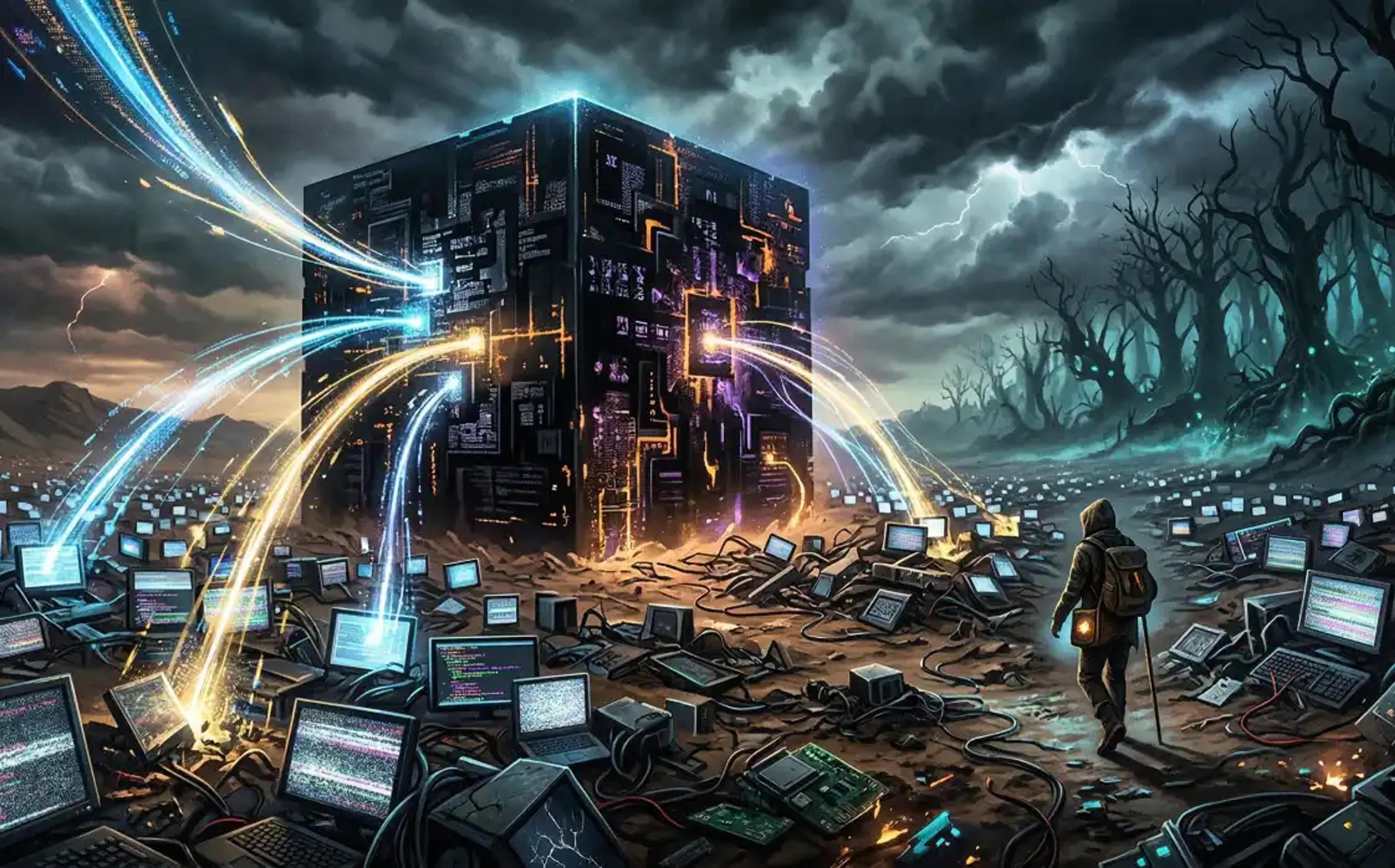 A surreal illustration of a human leaving a barren, AI-dominated digital wasteland to enter a dark, mysterious forest, symbolizing the creator retreat to the "Dark Forest" internet in 2026