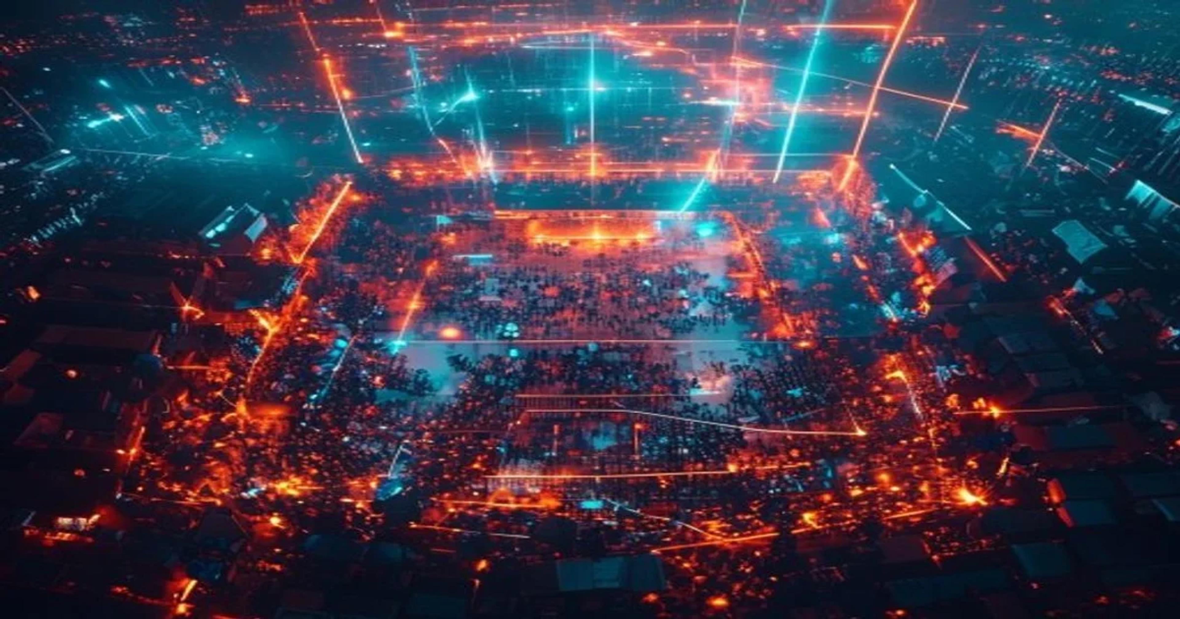 A high-tech control center screen showing crowd movement analysis during a large festival event.