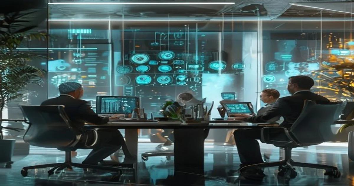 State workers learning and interacting with artificial intelligence systems in a government office setting.