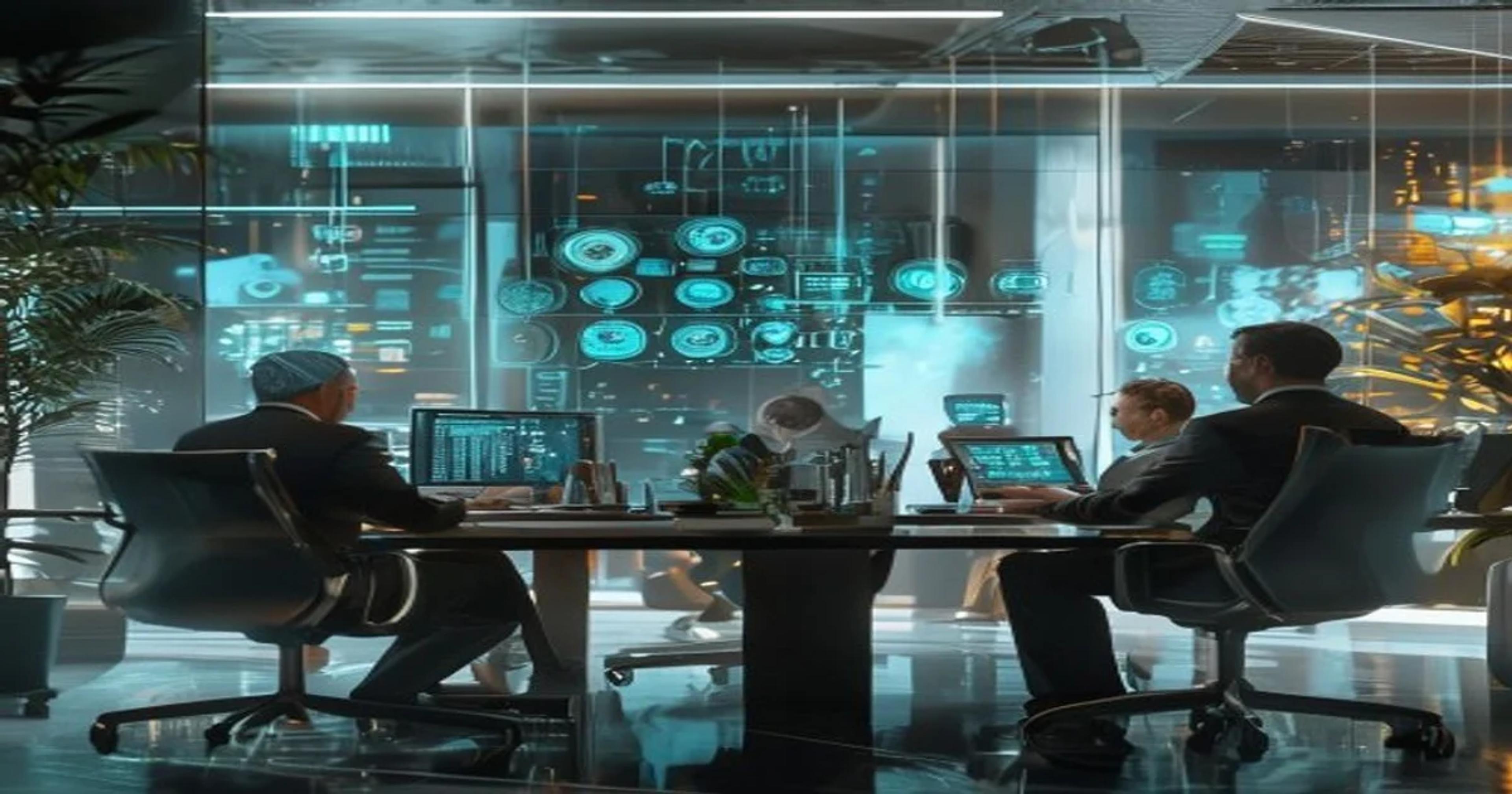 State workers learning and interacting with artificial intelligence systems in a government office setting.