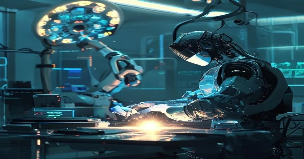 An advanced robotic arm assisting a human surgeon during a complex operation in a futuristic hospital setting, symbolizing agentic AI in healthcare.