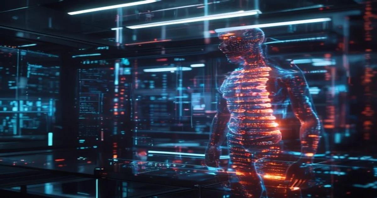 A futuristic digital representation of DNA strands being analyzed by complex artificial intelligence algorithms in a laboratory.
