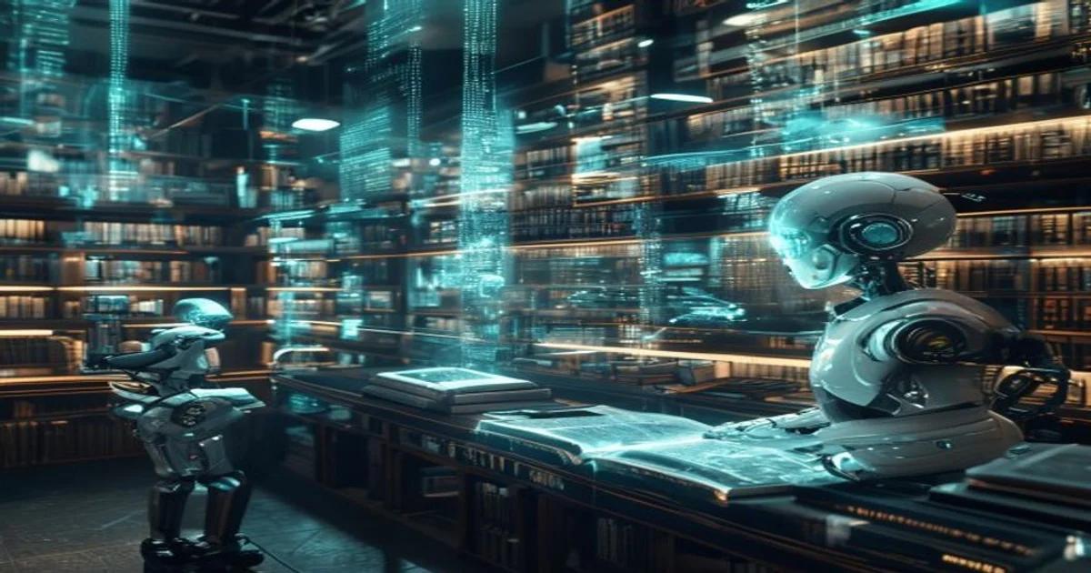AI-powered robotic systems scanning ancient manuscripts in a modern library setting.