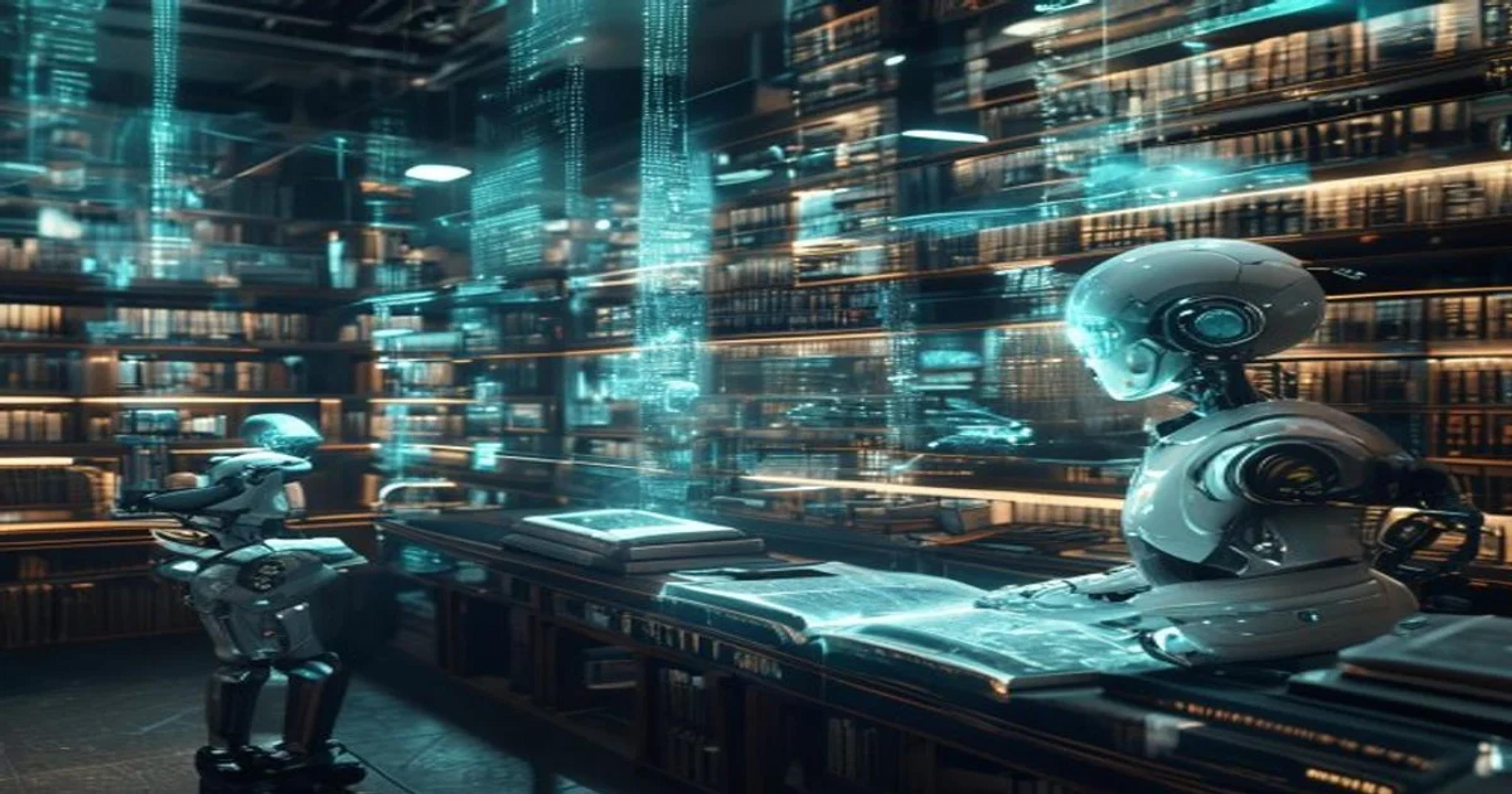 AI-powered robotic systems scanning ancient manuscripts in a modern library setting.