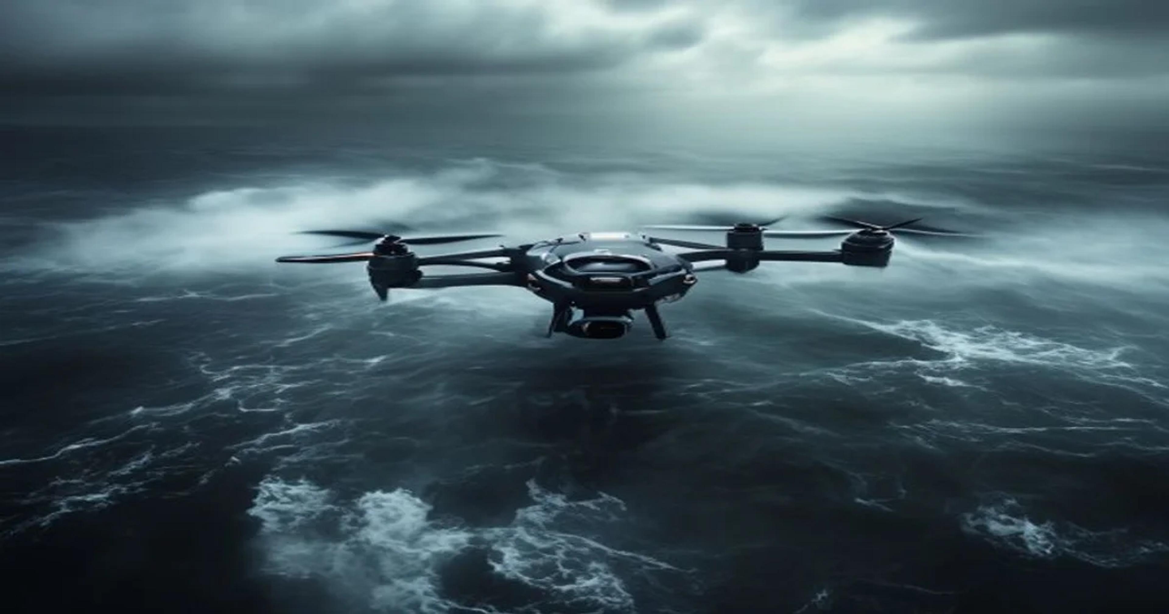 Autonomous maritime search drone scanning rough ocean waves with advanced sensor arrays.