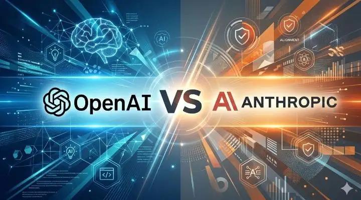 A split-screen digital graphic showing a comparison between OpenAI and Anthropic. The left side is themed in cool blue with the OpenAI logo and a glowing digital brain. The right side is themed in warm orange with the Anthropic logo and icons representing AI alignment and ethics. A large "VS" sits in the center, symbolizing the AI supremacy war