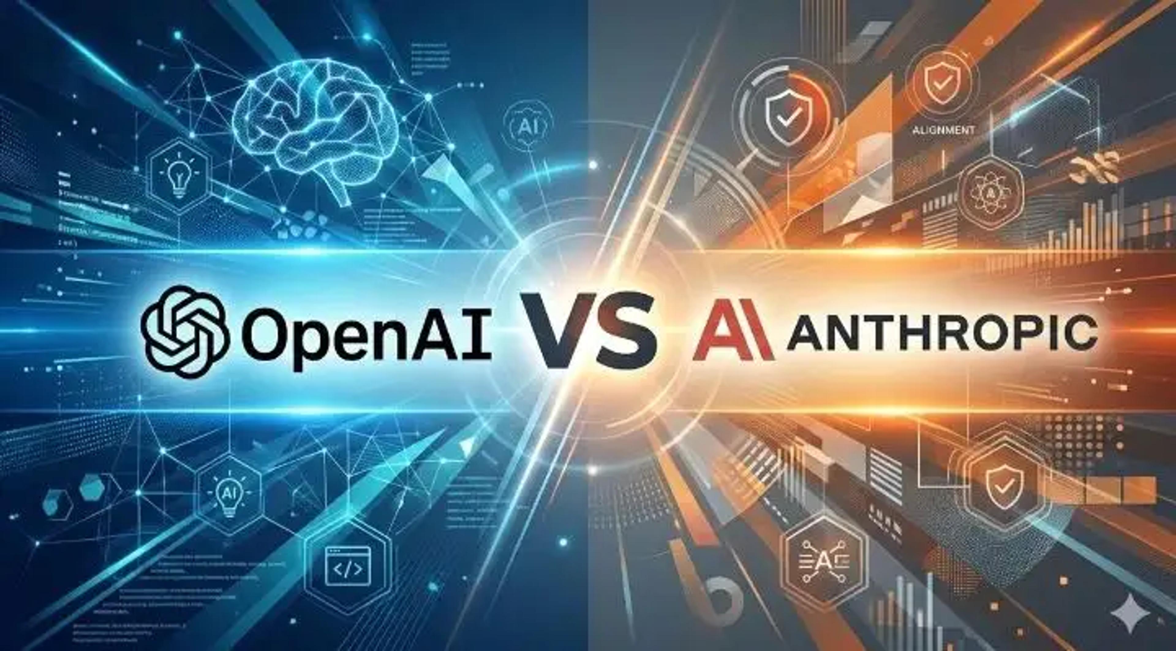A split-screen digital graphic showing a comparison between OpenAI and Anthropic. The left side is themed in cool blue with the OpenAI logo and a glowing digital brain. The right side is themed in warm orange with the Anthropic logo and icons representing AI alignment and ethics. A large "VS" sits in the center, symbolizing the AI supremacy war