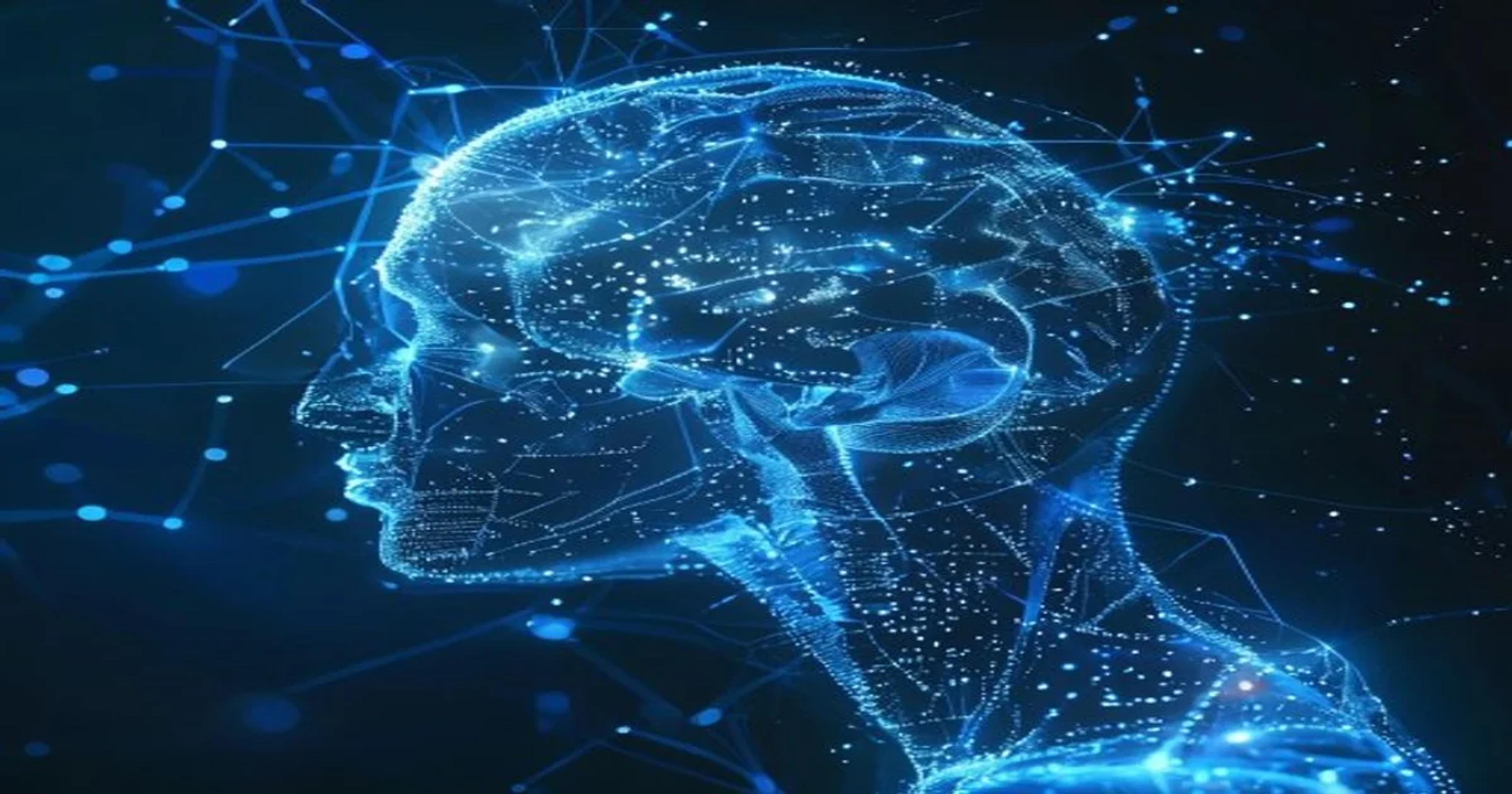 A futuristic representation of digital neural networks connecting with a human brain to symbolize AI memory augmentation.