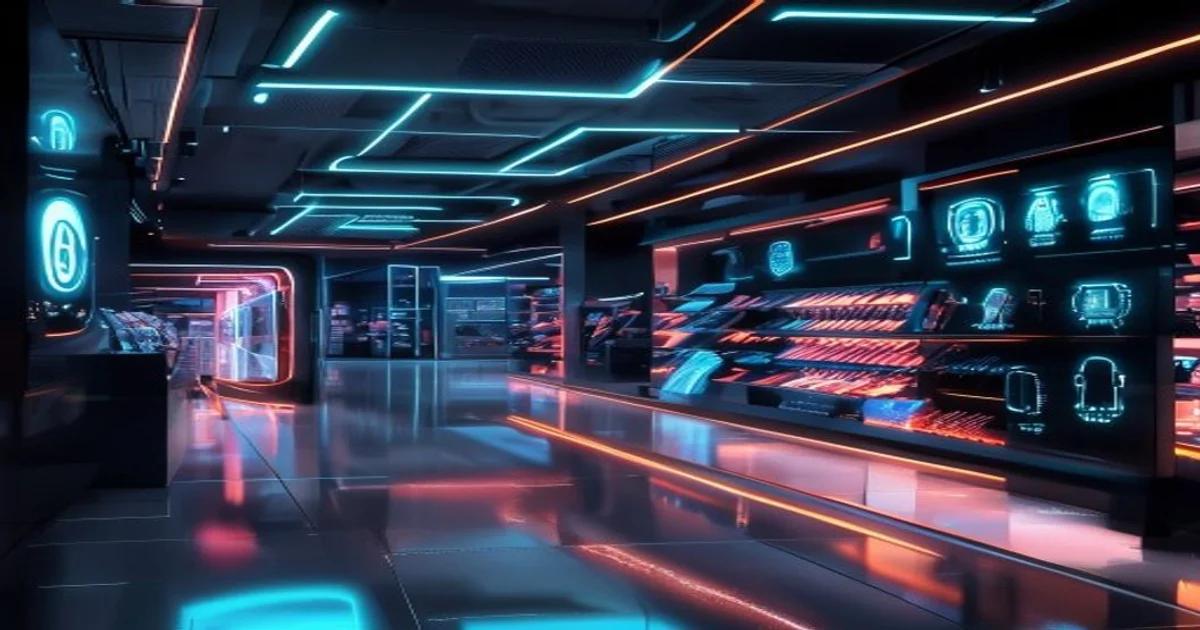 An AI system managing a modern retail store, symbolizing future efficiency and automation in commerce.