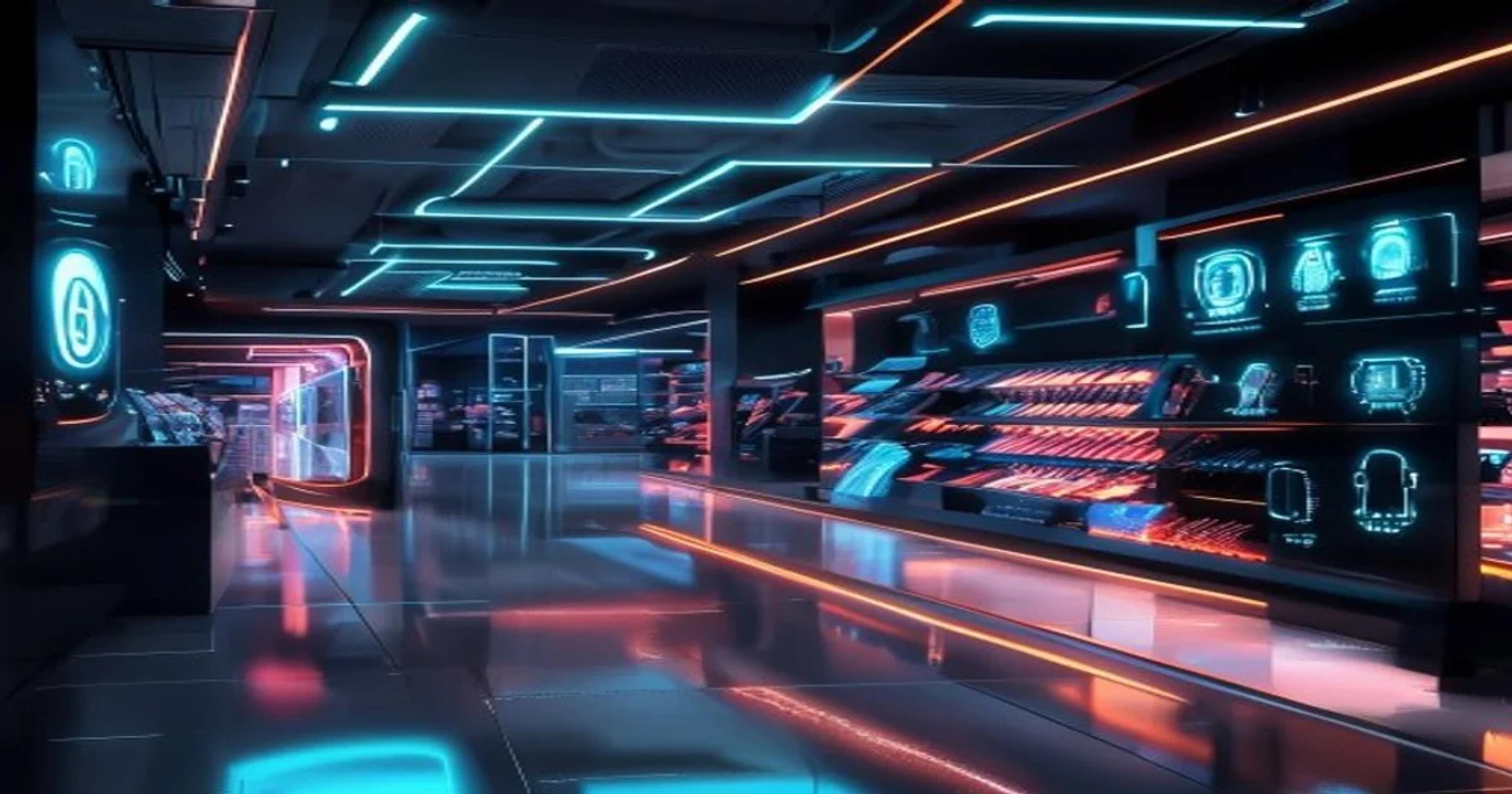 An AI system managing a modern retail store, symbolizing future efficiency and automation in commerce.
