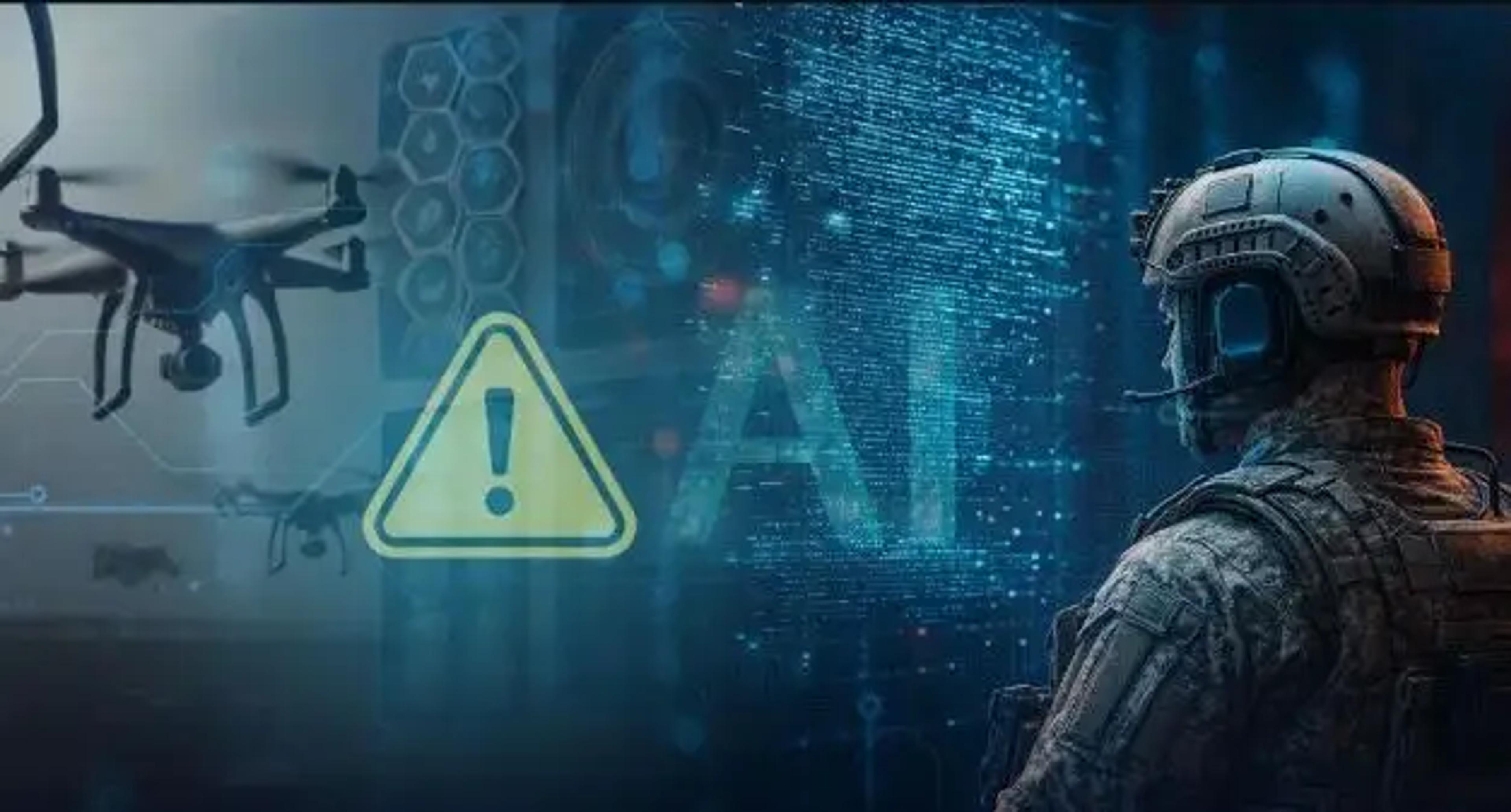 A cinematic high-tech image of a tactical soldier in a helmet and headset observing a glowing digital "AI" holographic display. A prominent yellow warning triangle with an exclamation mark sits in the foreground next to hovering surveillance drones, symbolizing the risks of military artificial intelligence