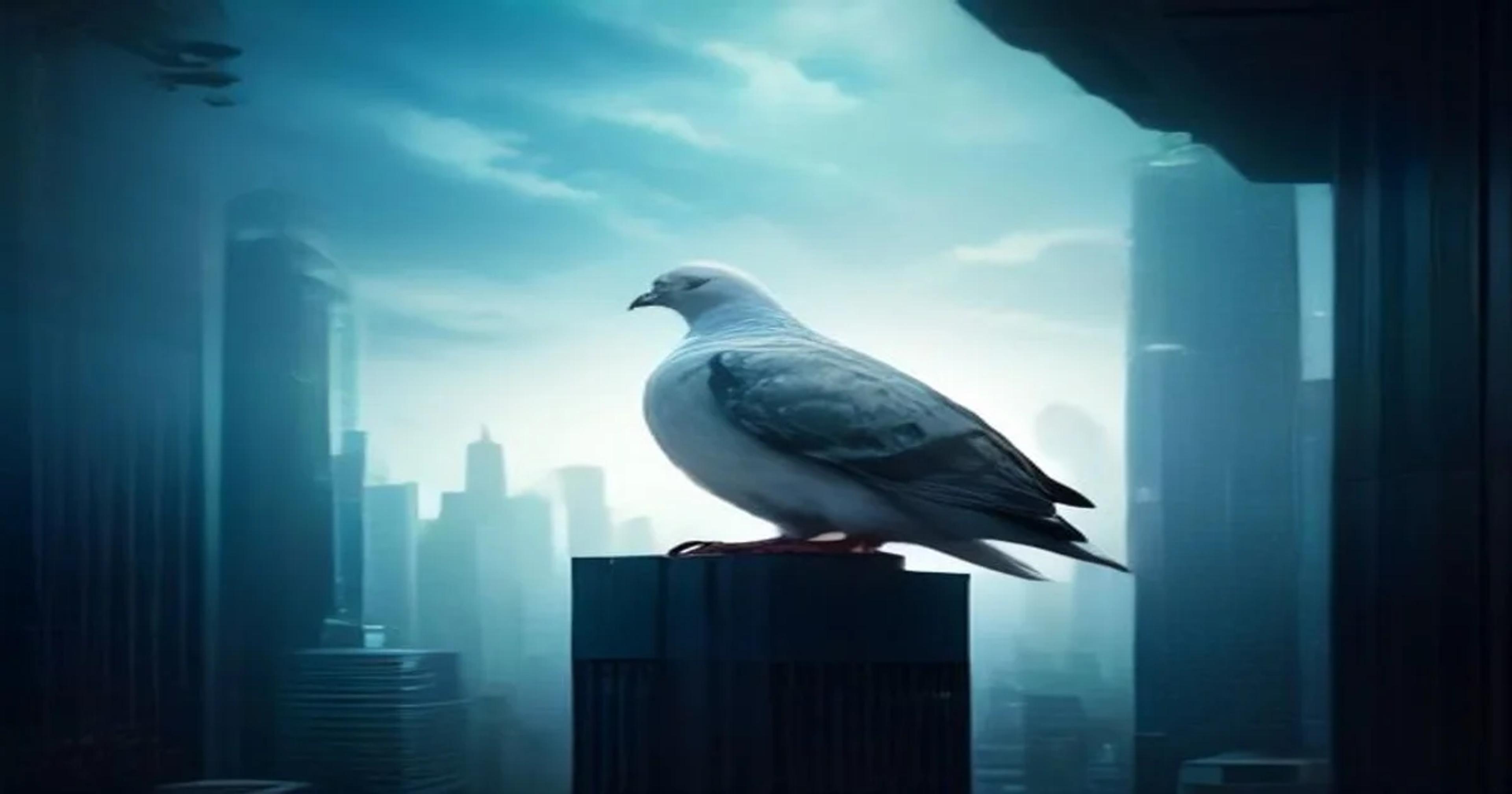 A sophisticated robotic pigeon model designed for urban pest control in a modern city setting.