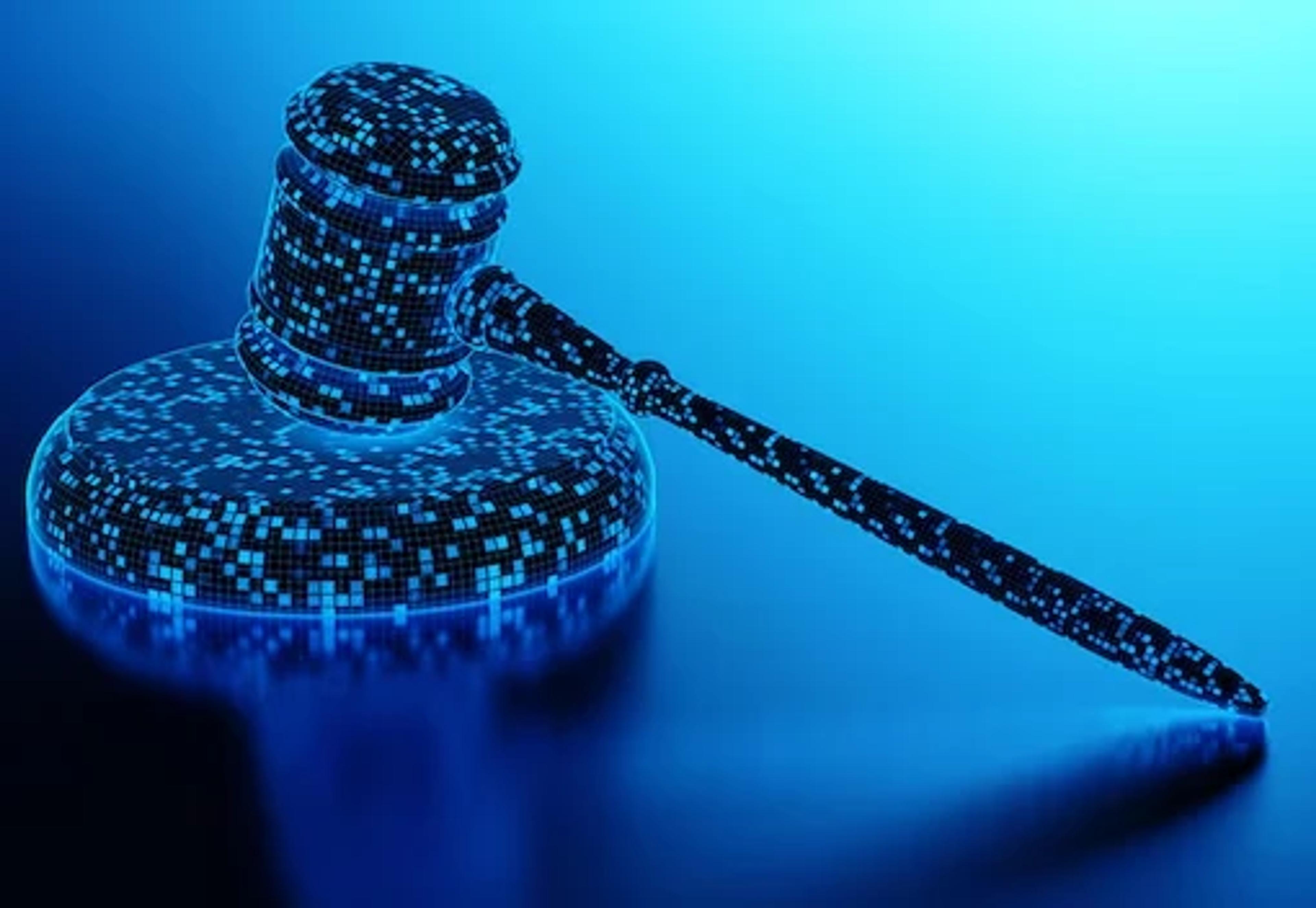 A high-tech courtroom setting with judges and lawyers examining AI-driven evidence screens.