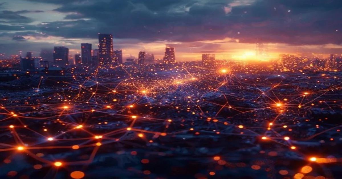 A futuristic representation of AI technology integrated into urban crisis management infrastructure.